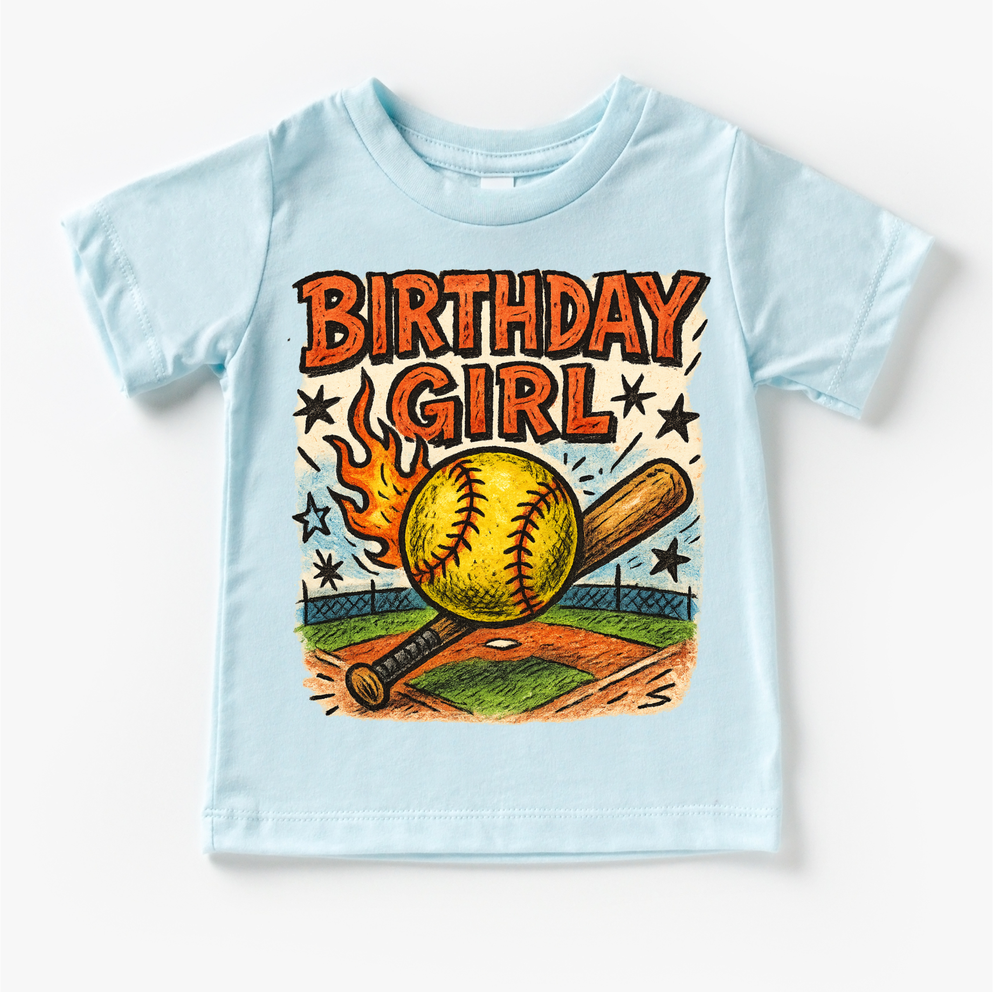 Light blue t-shirt with 'Birthday Girl' graphic featuring a softball and bat on a baseball field.