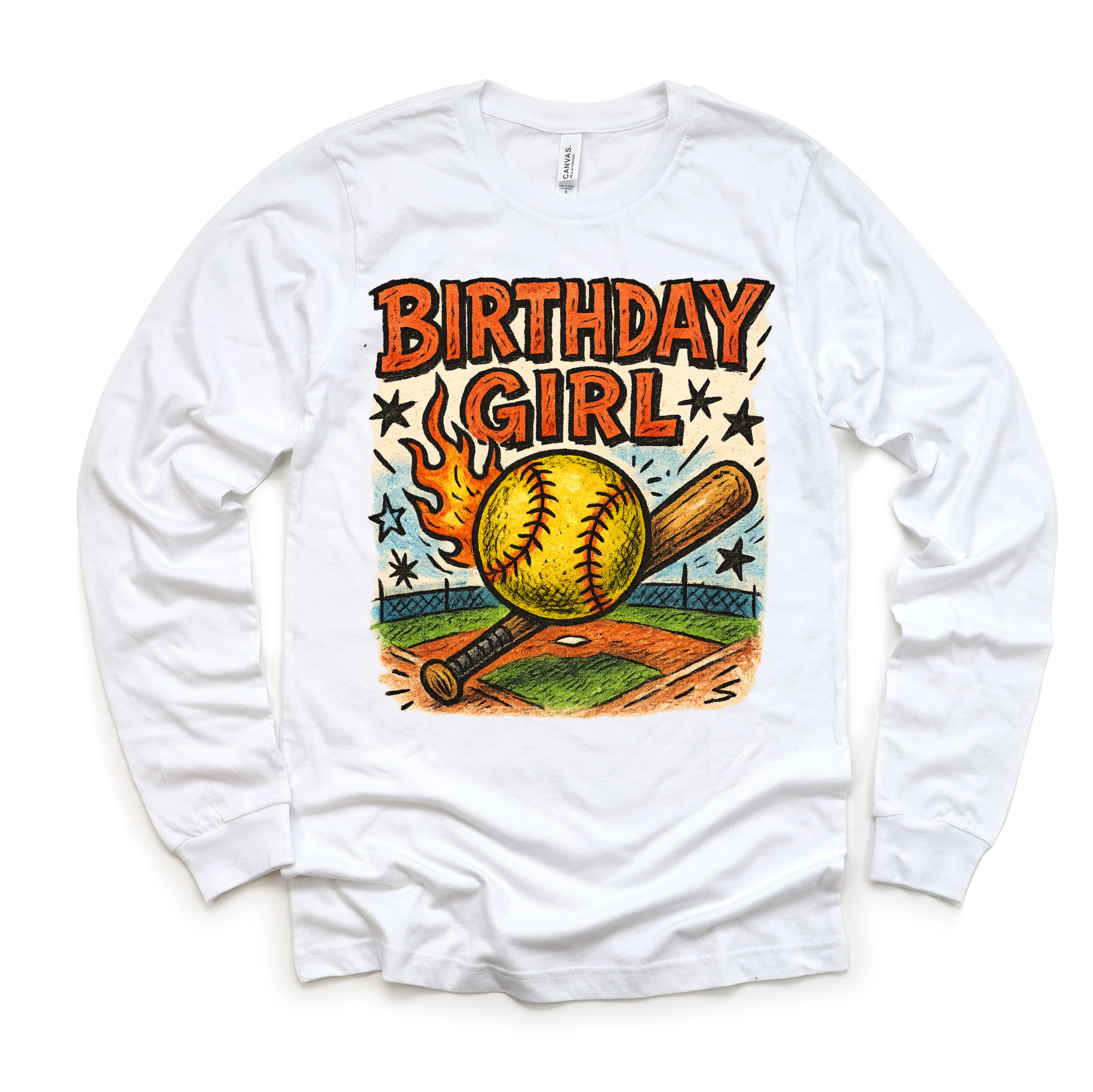 White long-sleeve shirt with 'Birthday Girl' graphic featuring a softball and bat on a baseball field.
