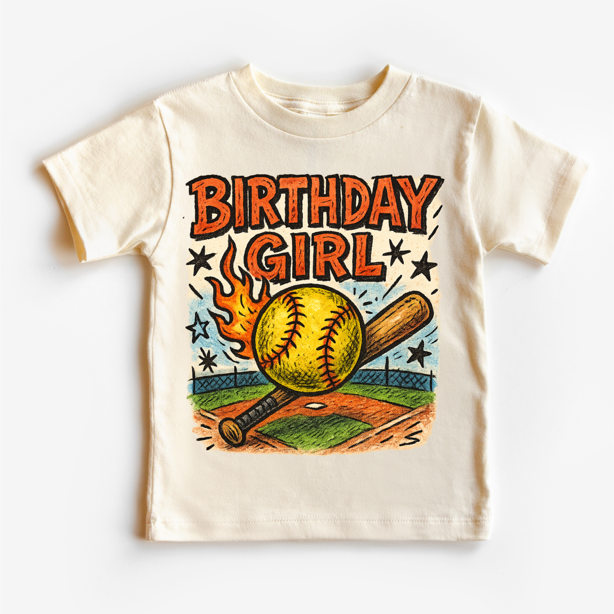Children's t-shirt with 'Birthday Girl' design featuring a softball and bat on a white background