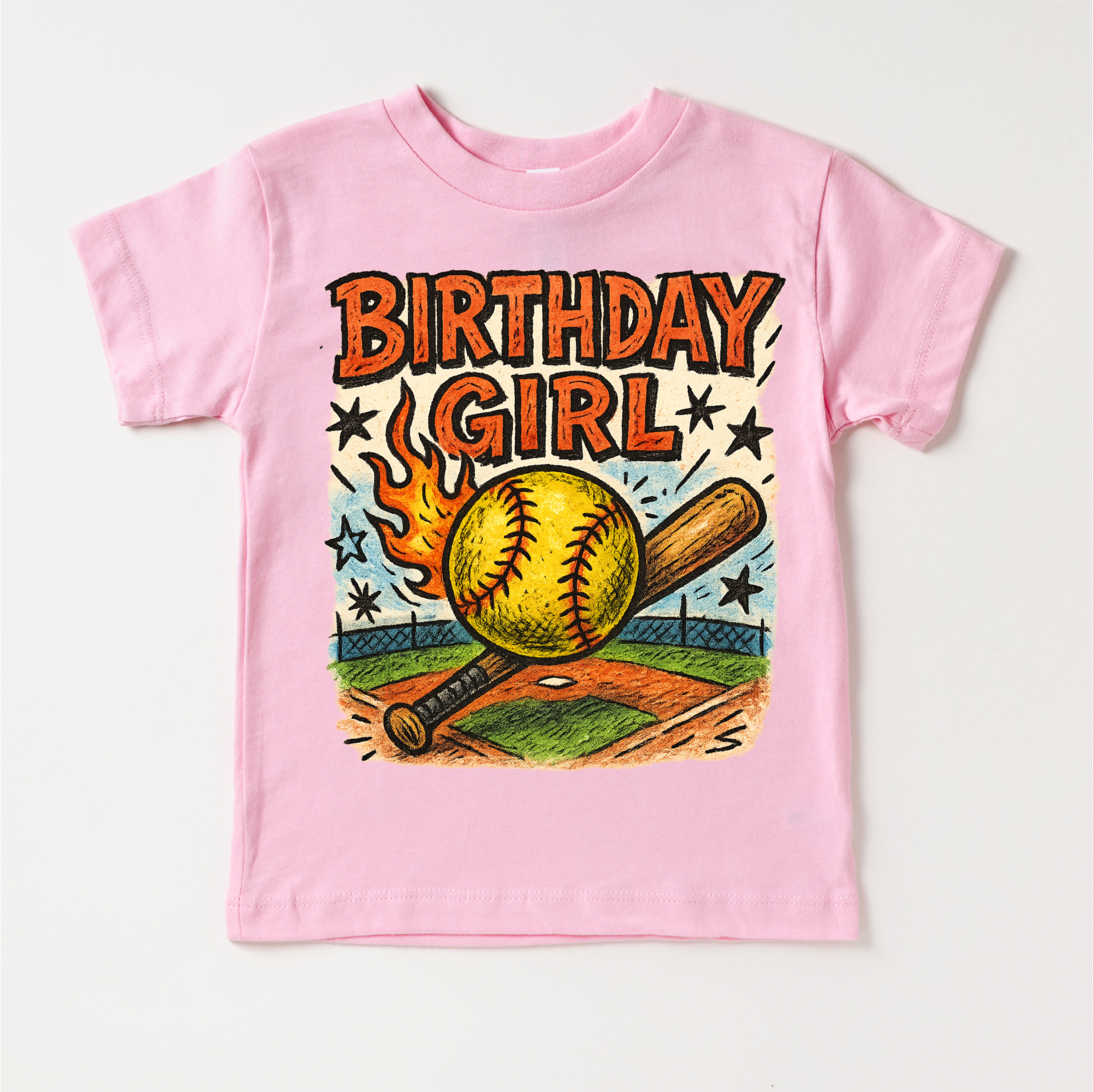 Pink t-shirt with 'Birthday Girl' graphic featuring a softball and bat on a white background