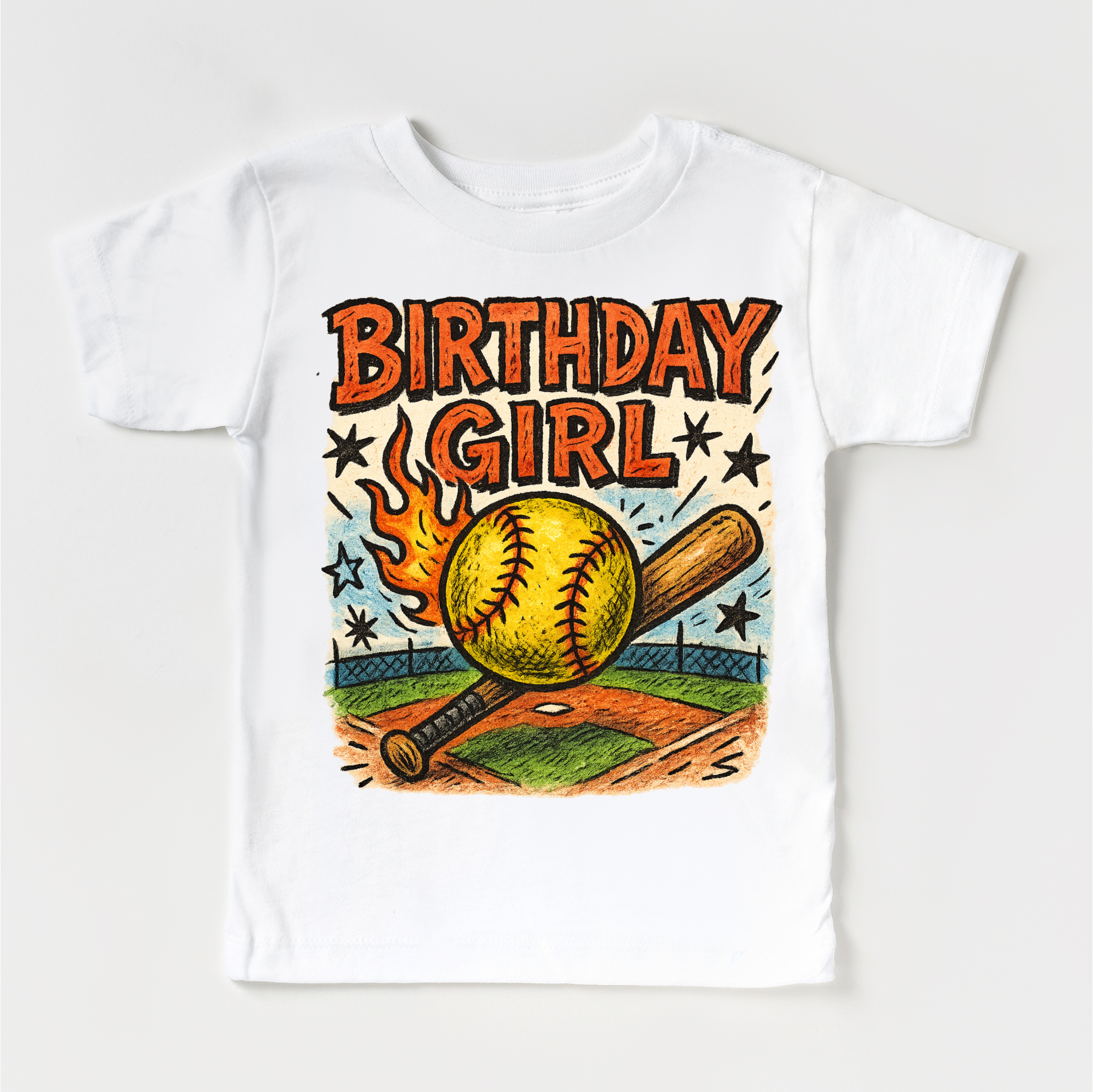 White t-shirt with 'Birthday Girl' graphic featuring a softball and bat on a baseball field.