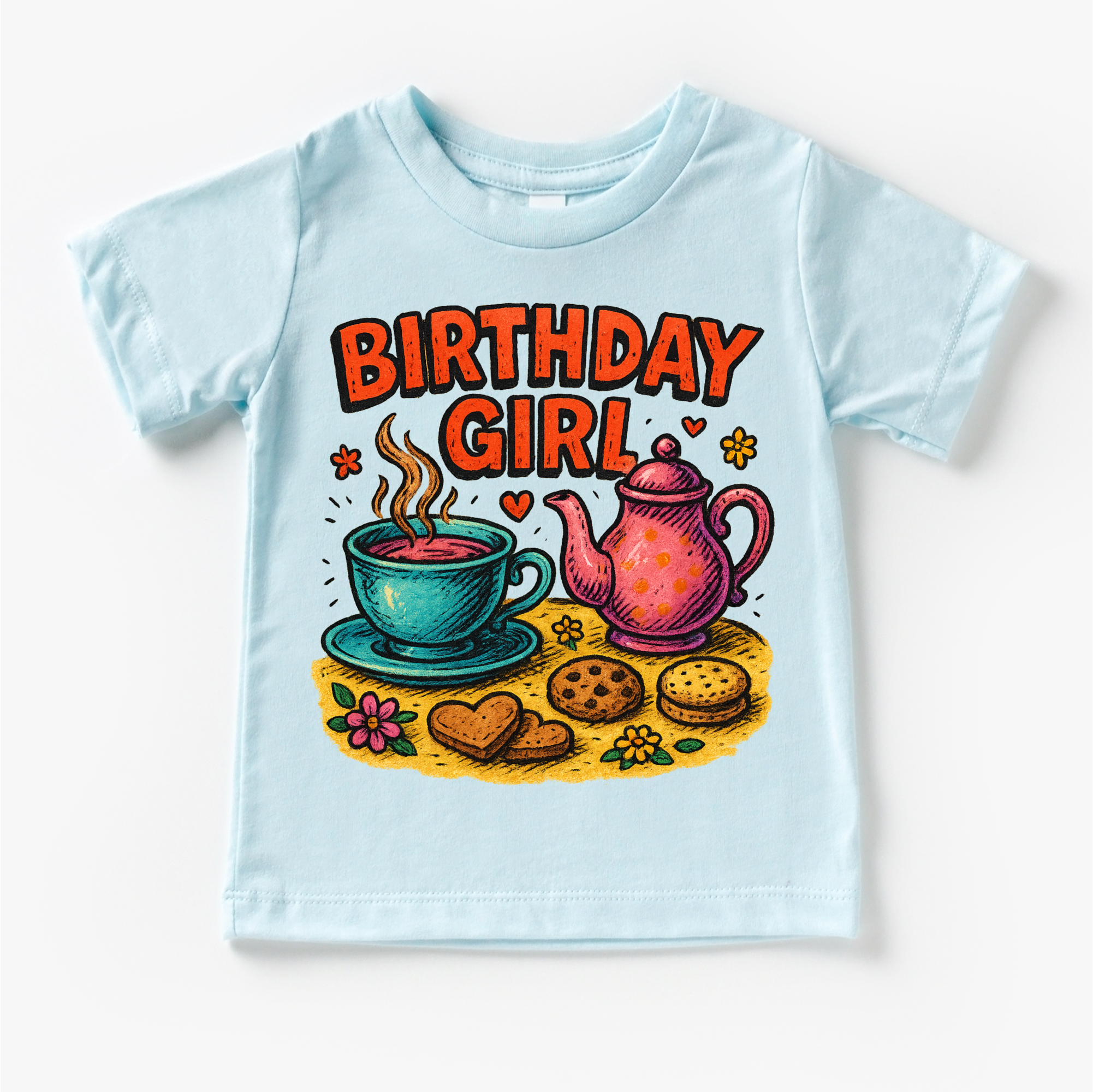Light blue t-shirt with 'Birthday Girl' graphic featuring a teacup, teapot, and cookies on a white background.