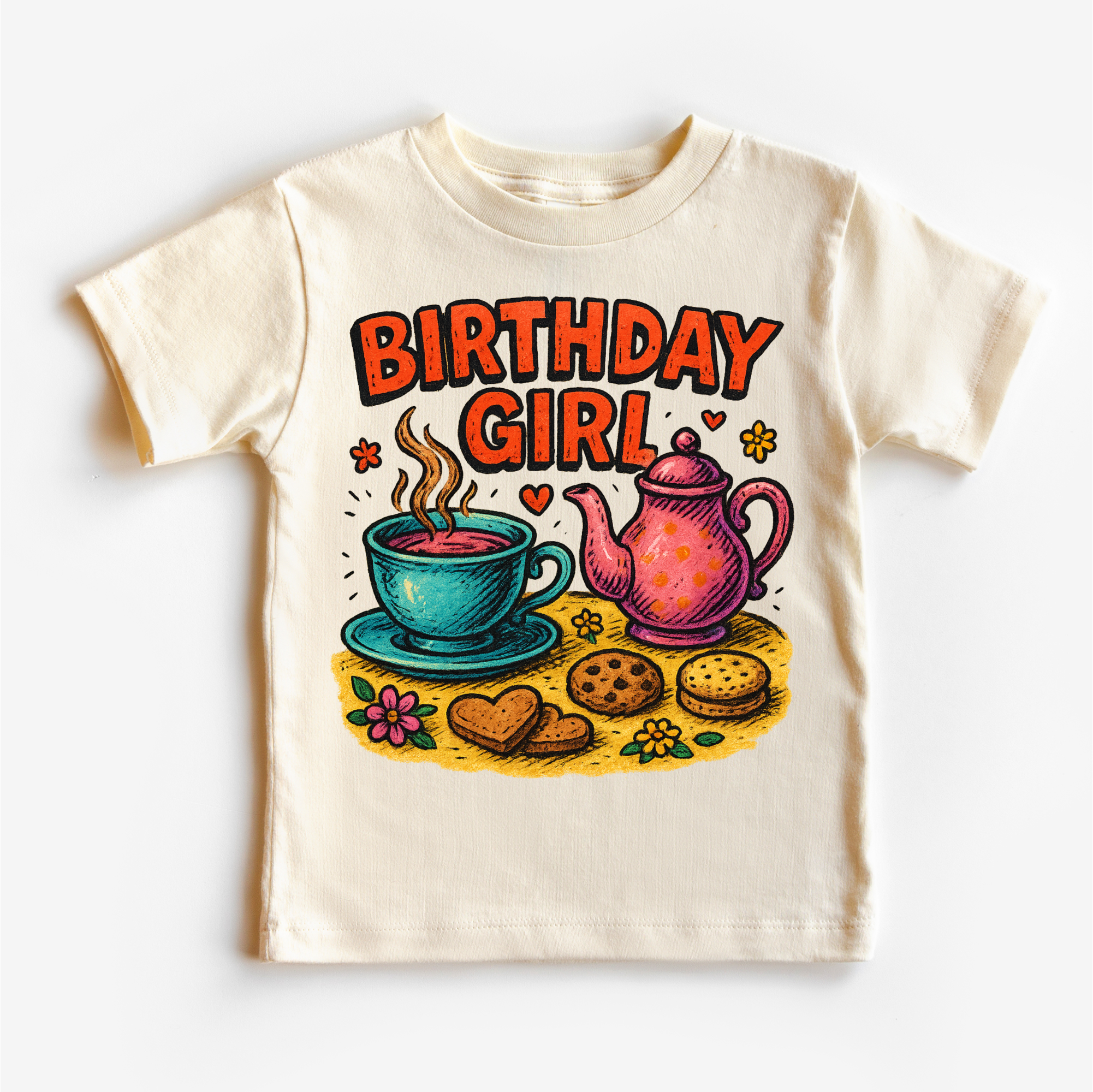 Children's t-shirt with 'Birthday Girl' design featuring a teacup and teapot on a white background
