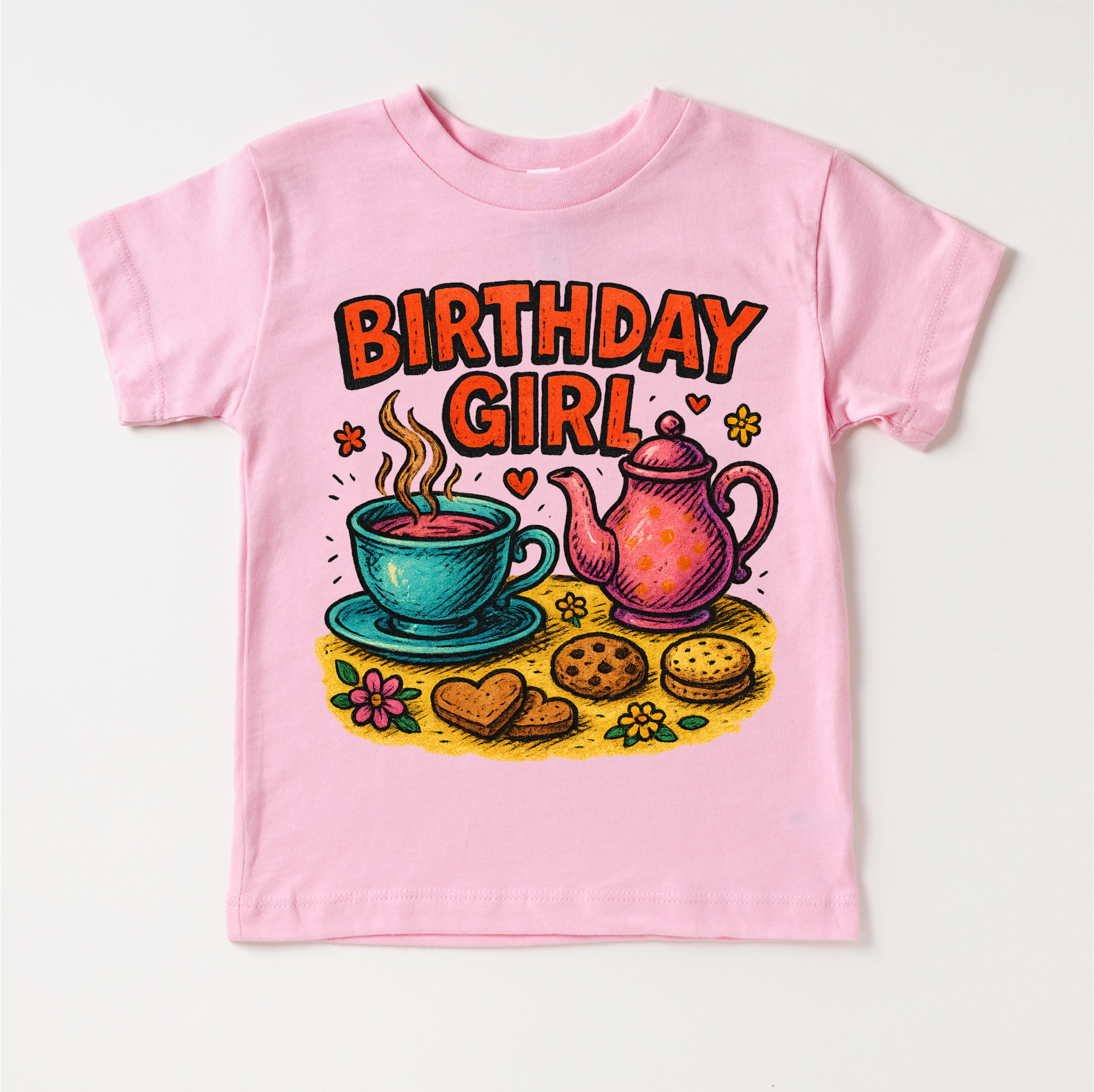Pink t-shirt with 'Birthday Girl' design featuring a teacup, teapot, and cookies on a white background.
