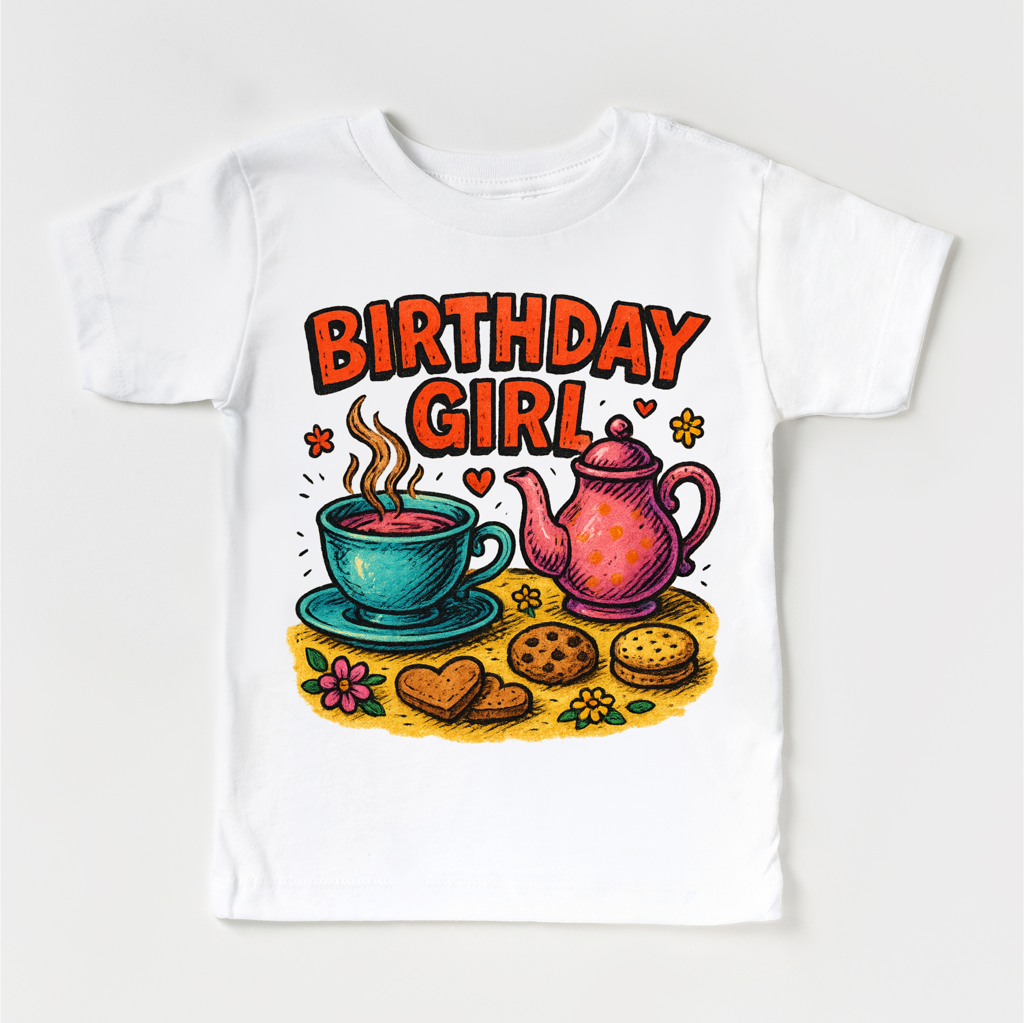 White t-shirt with 'Birthday Girl' graphic featuring a teacup, teapot, and cookies on a white background