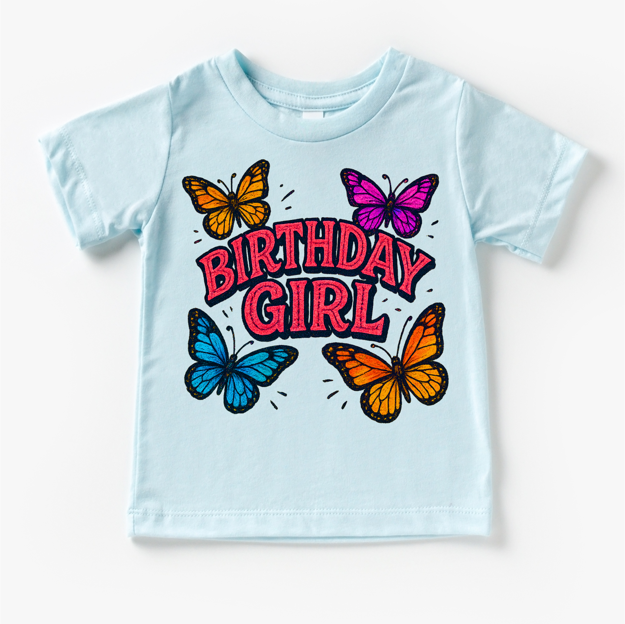 Light blue t-shirt with 'Birthday Girl' text and colorful butterflies on a white background