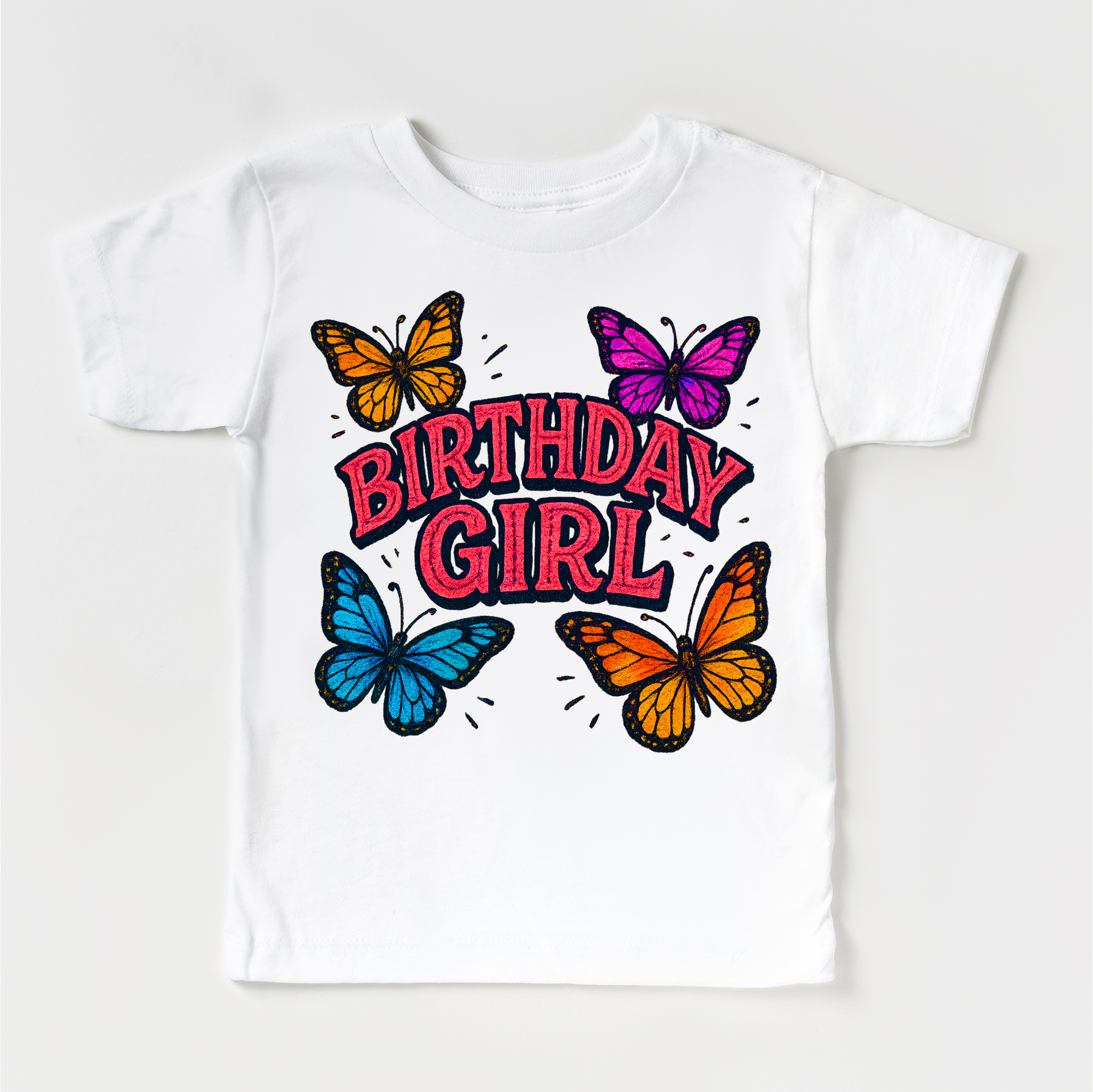White t-shirt with 'Birthday Girl' text and colorful butterflies on a white background