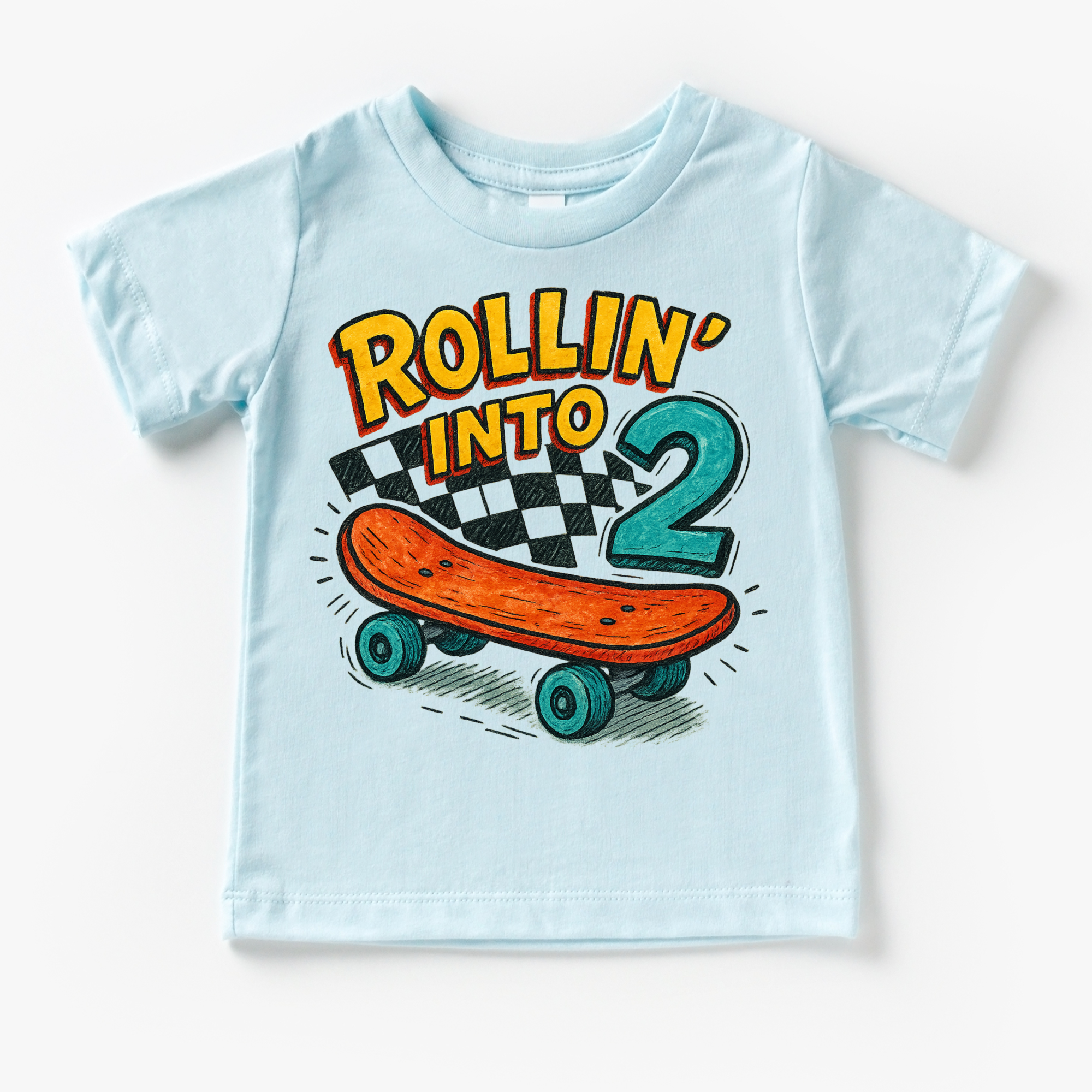 Light blue t-shirt with a colorful graphic of a skateboard and text 'Rollin' into 2' on a white background