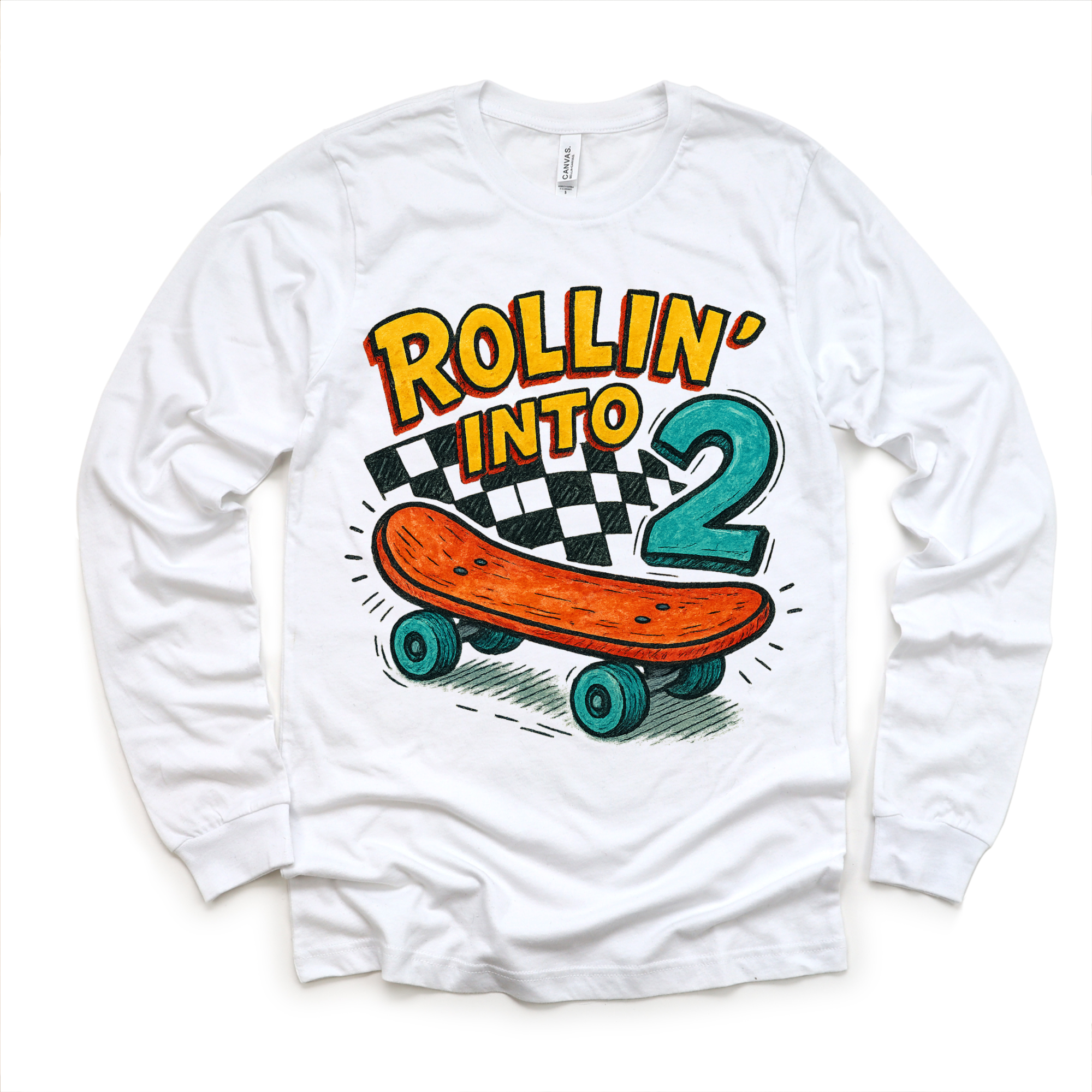 White long sleeve shirt with a colorful graphic of a skateboard and 'Rollin' into 2' text on a white background