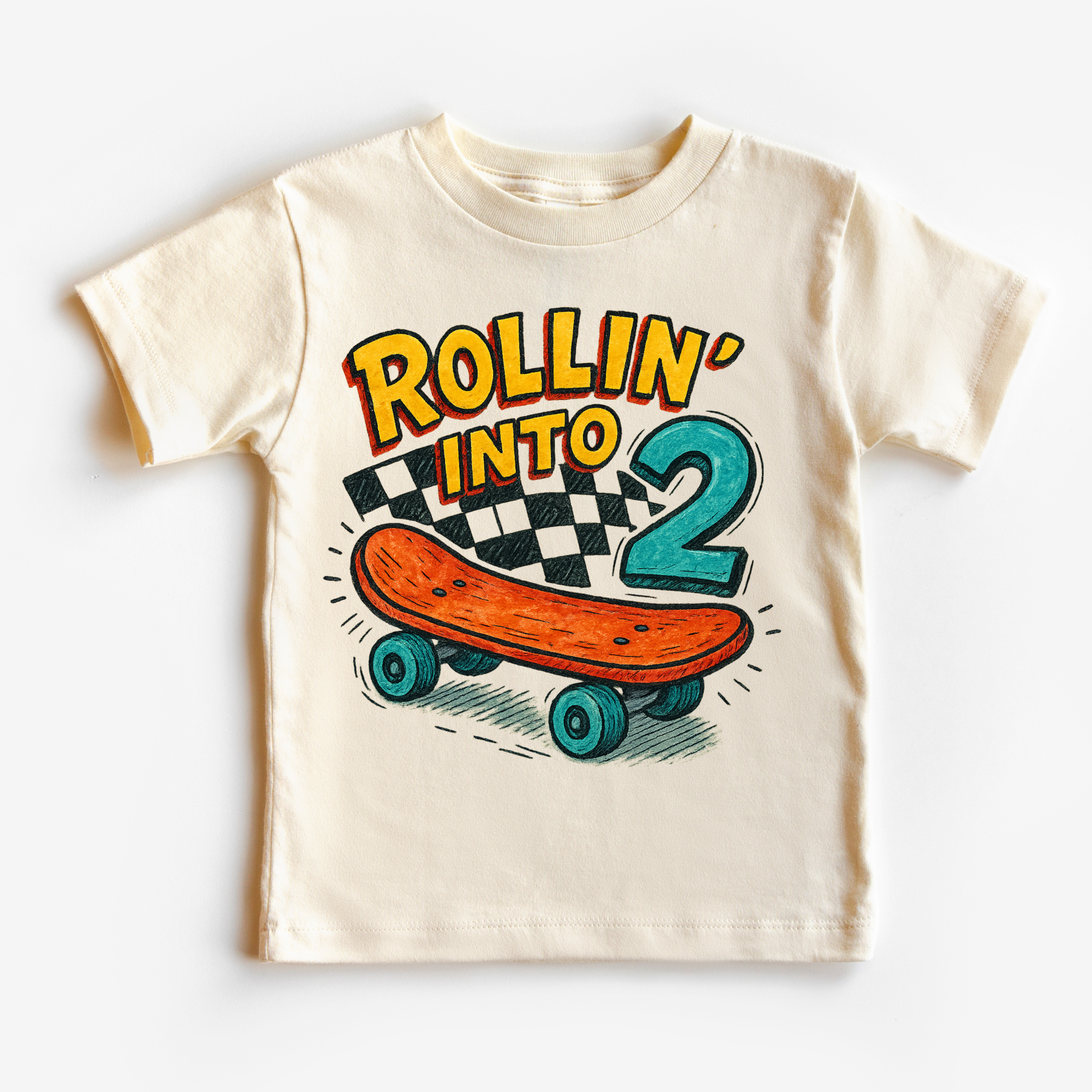 Children's t-shirt with 'Rollin' into 2' design on a white background