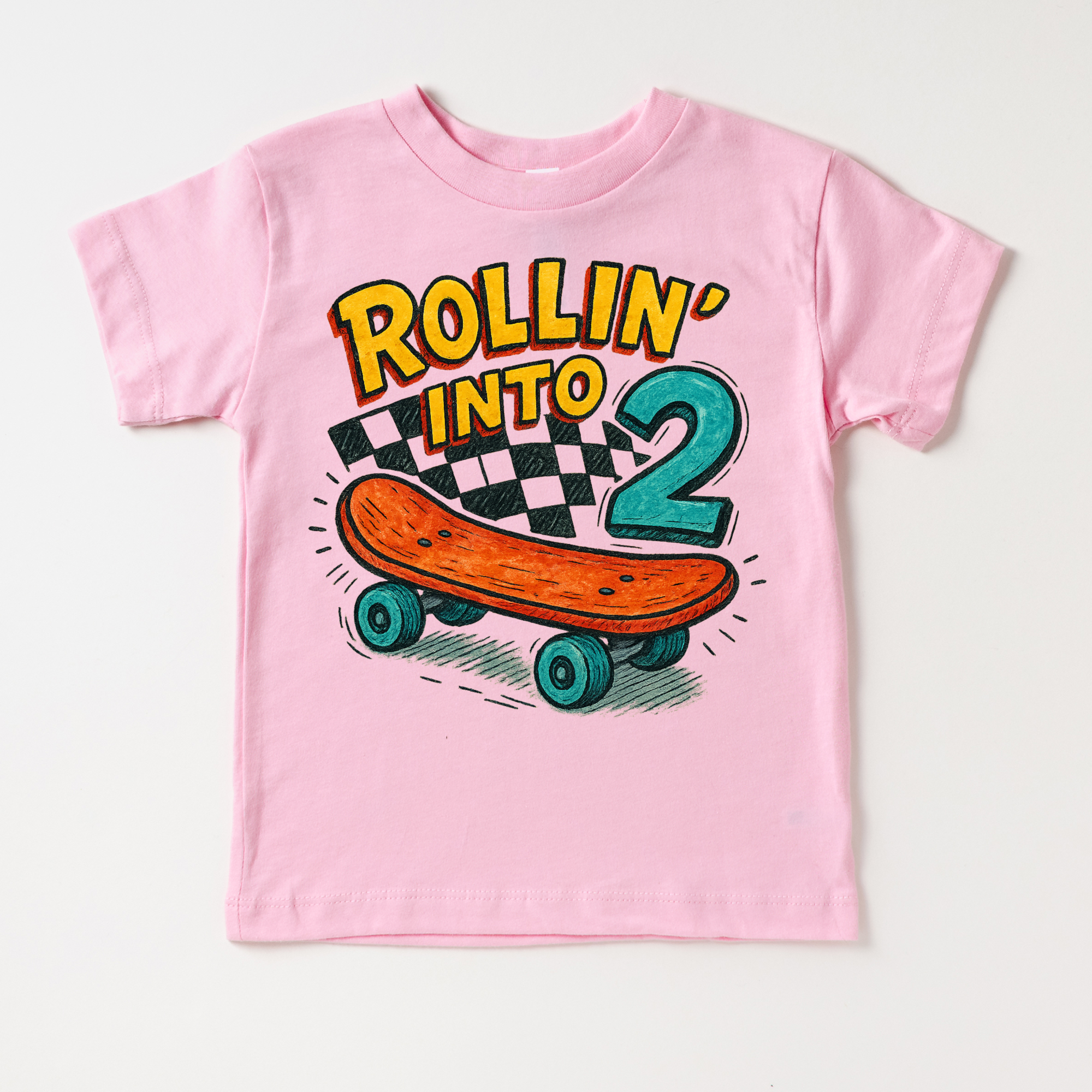 Pink t-shirt with 'Rollin' into 2' graphic on a white background
