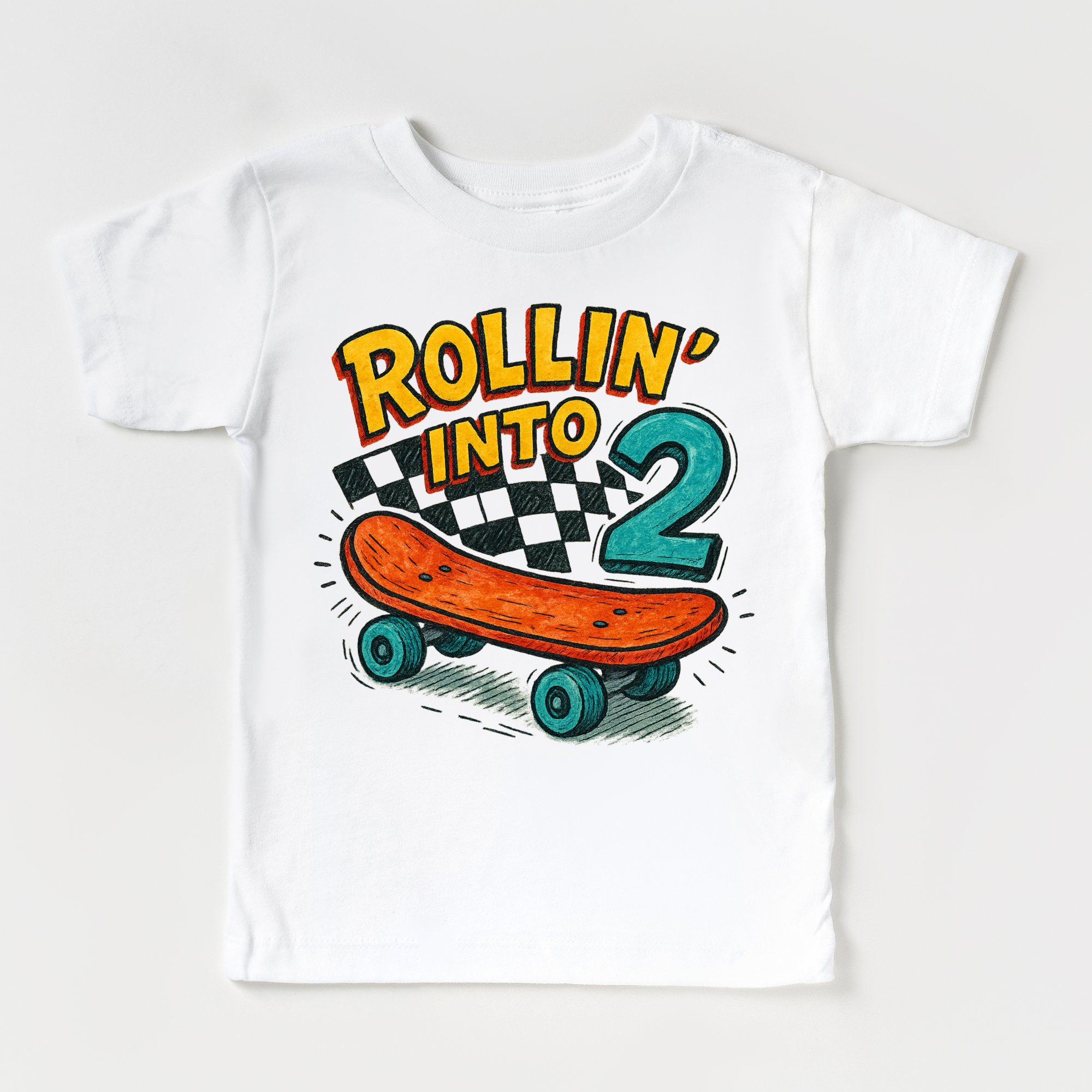 White t-shirt with a colorful graphic of a skateboard and text 'Rollin' into 2' on a white background