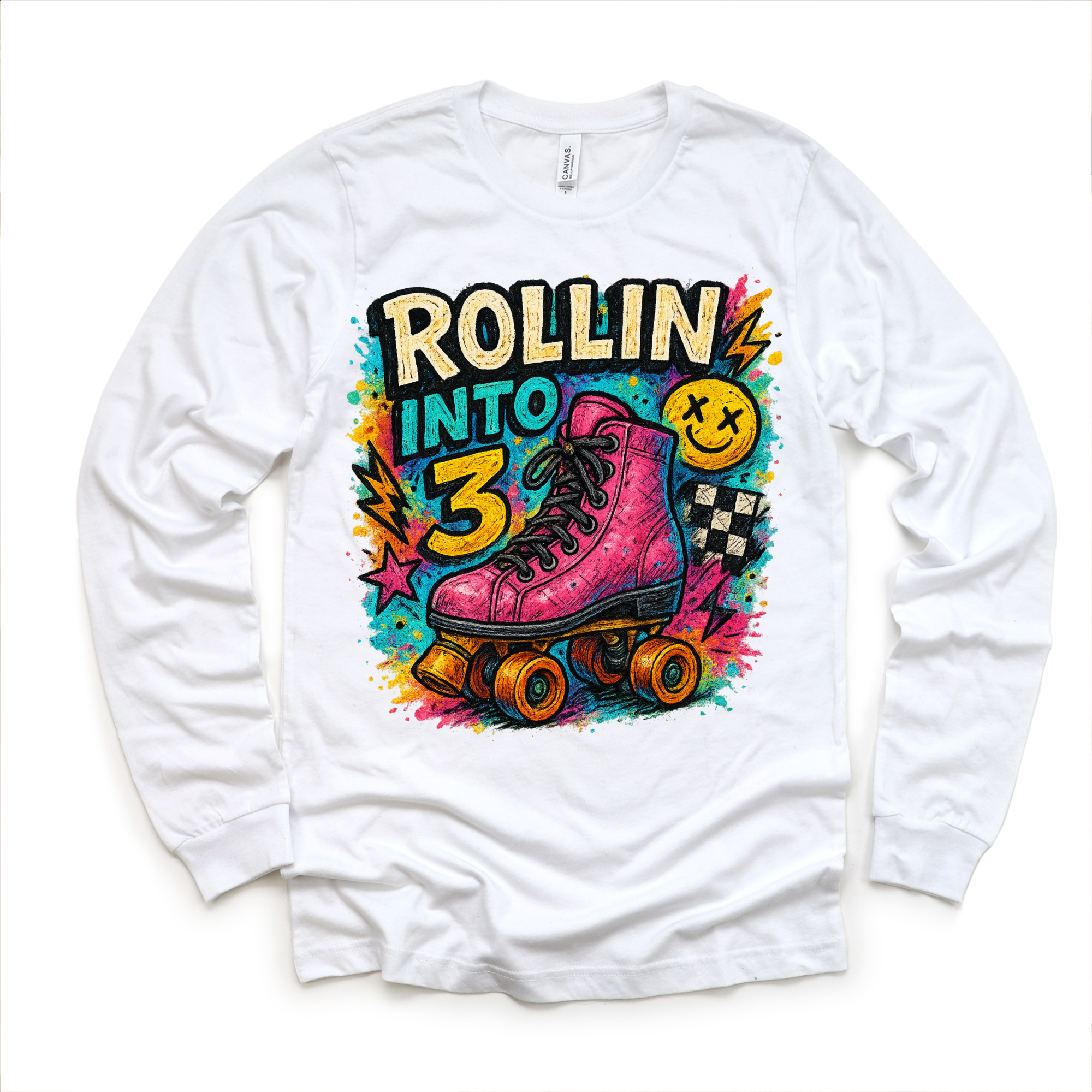 White long sleeve shirt with a colorful graphic of a pink roller skate and text 'Rollin into 3' on a white background