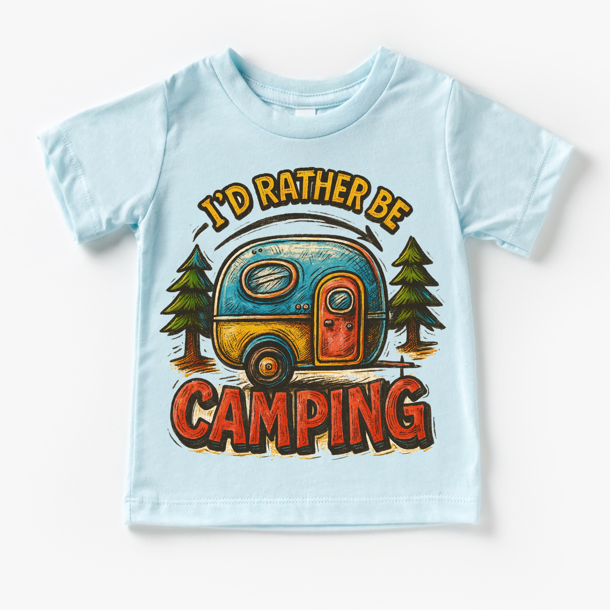 Light blue t-shirt with a camper graphic and 'I'd Rather Be Camping' text on a white background