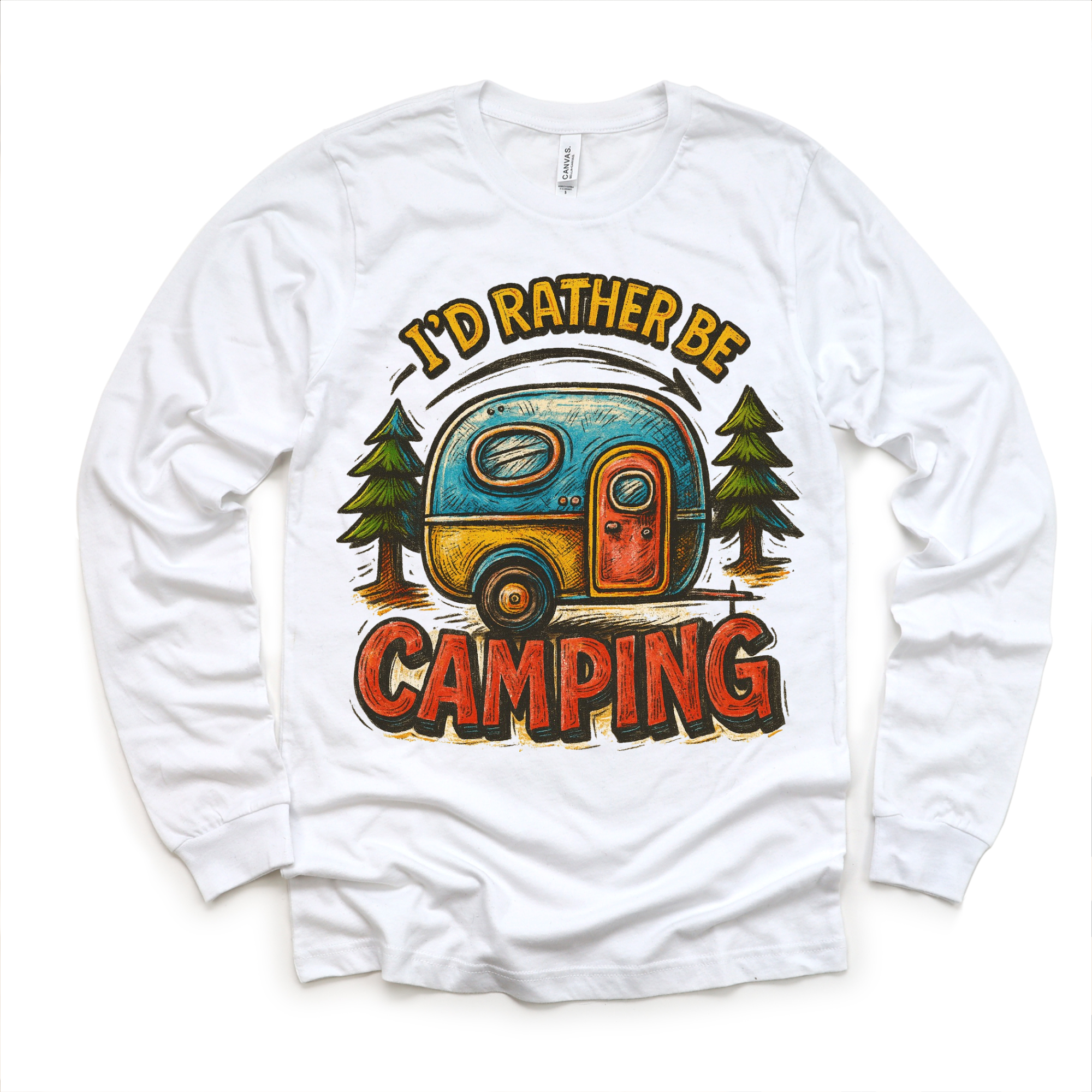 White long sleeve shirt with a camping graphic and text 'I'd Rather Be Camping' on a white background