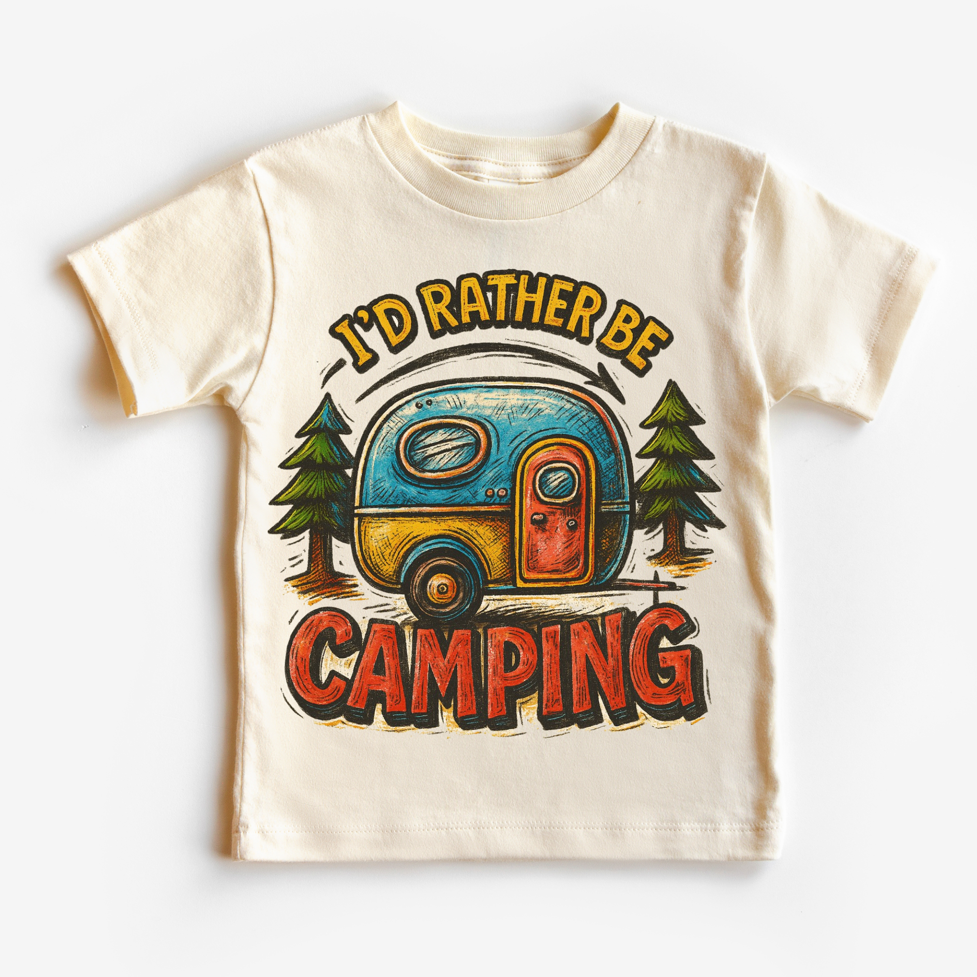 Children's t-shirt with a camper design and 'I'd Rather Be Camping' text on a white background