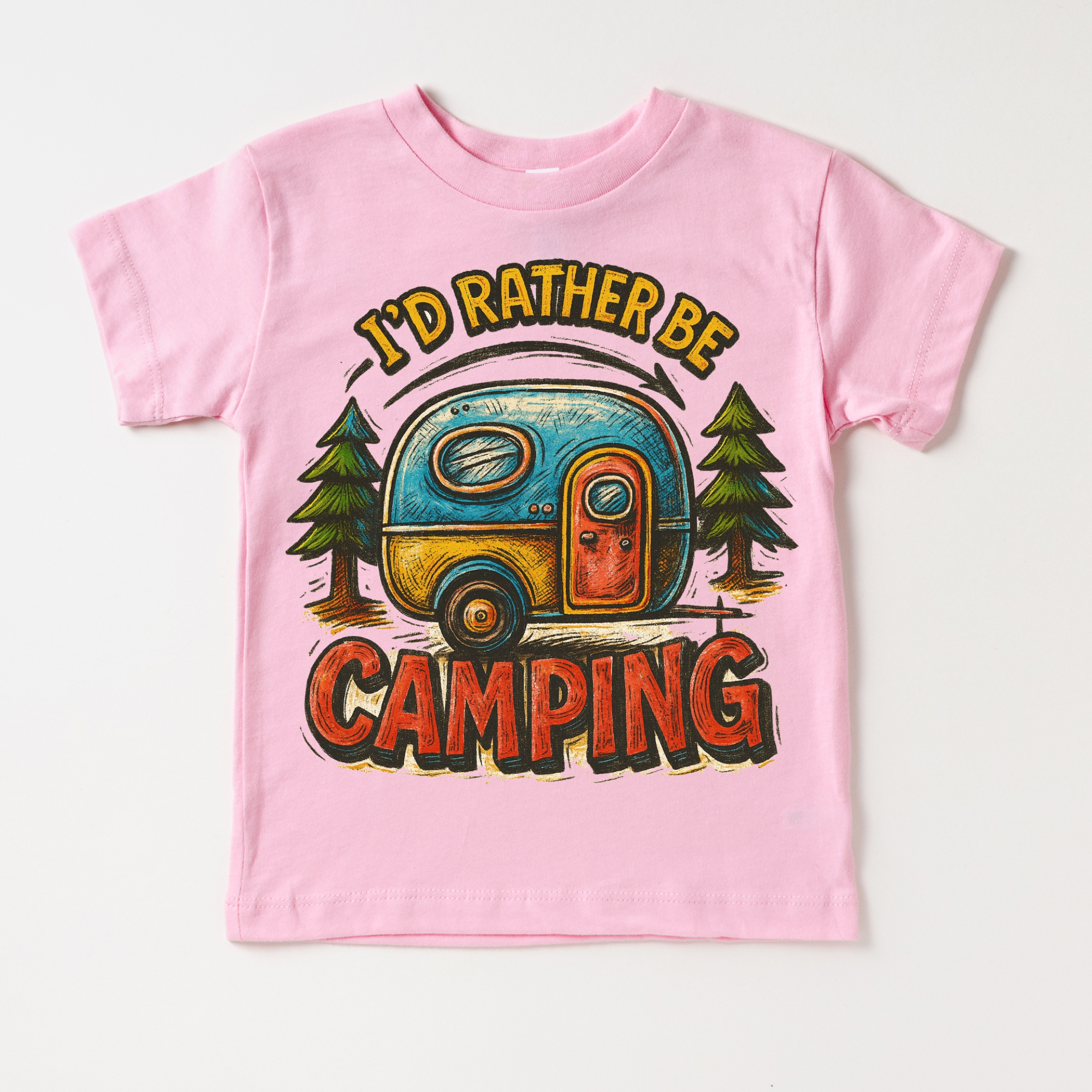 Pink t-shirt with a camping graphic and text on a white background