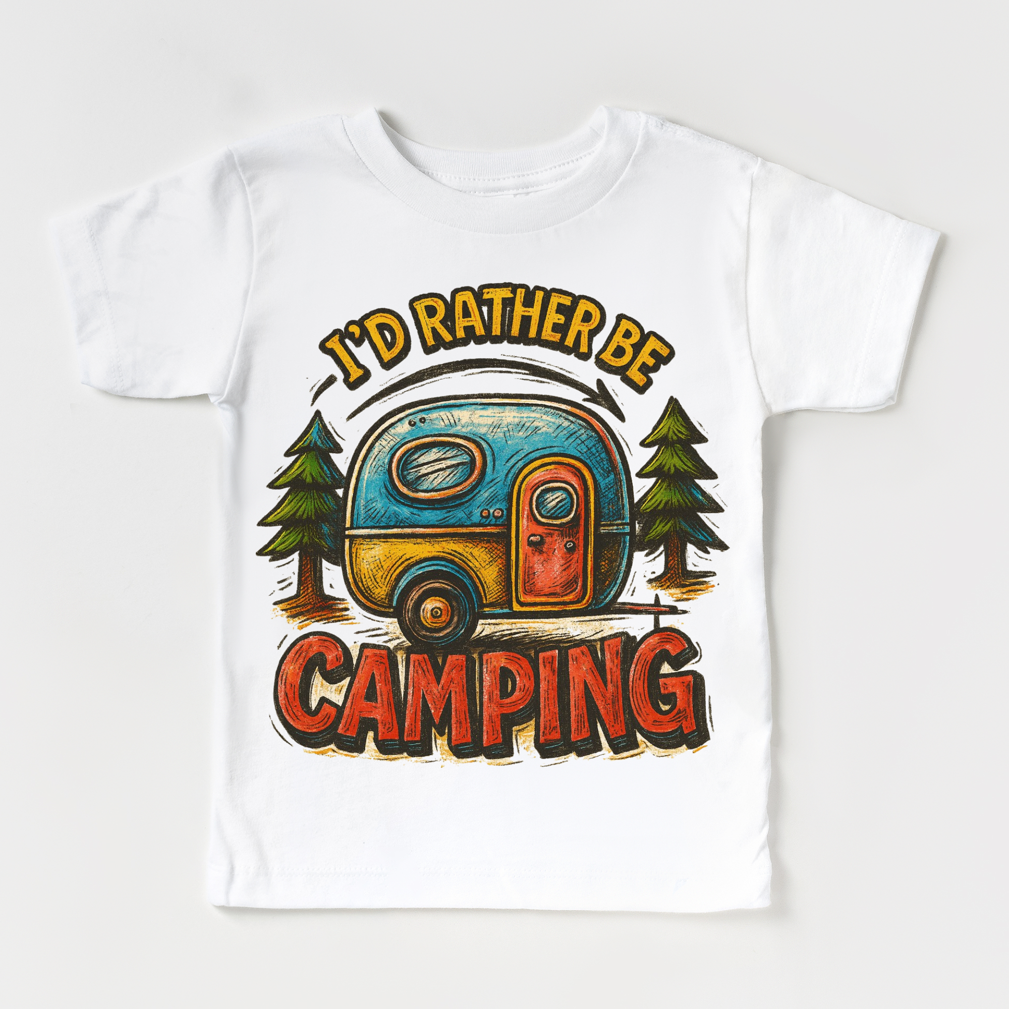 White t-shirt with a colorful camping graphic and text on a white background
