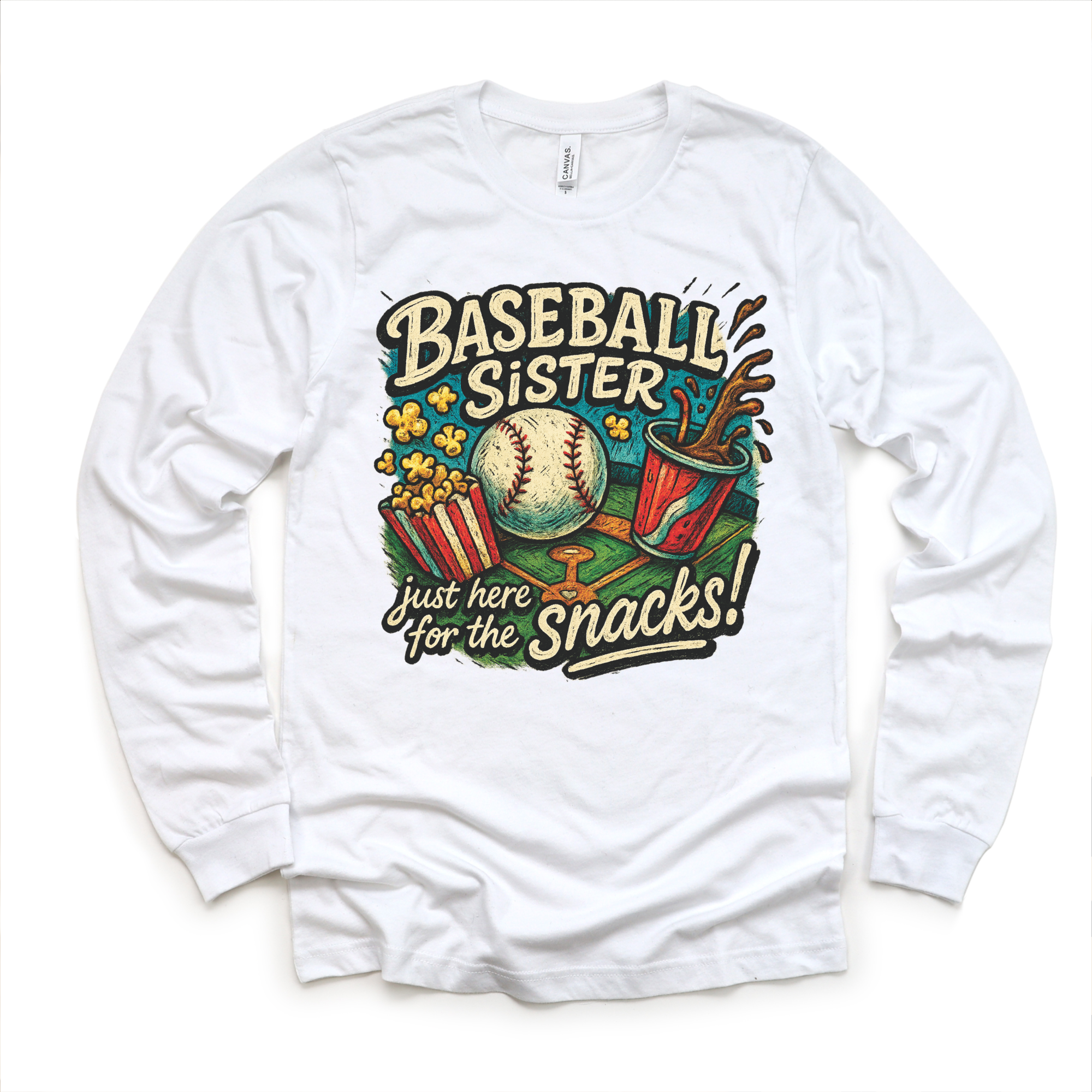 White long sleeve shirt with colorful 'Baseball Sister' graphic design on a white background