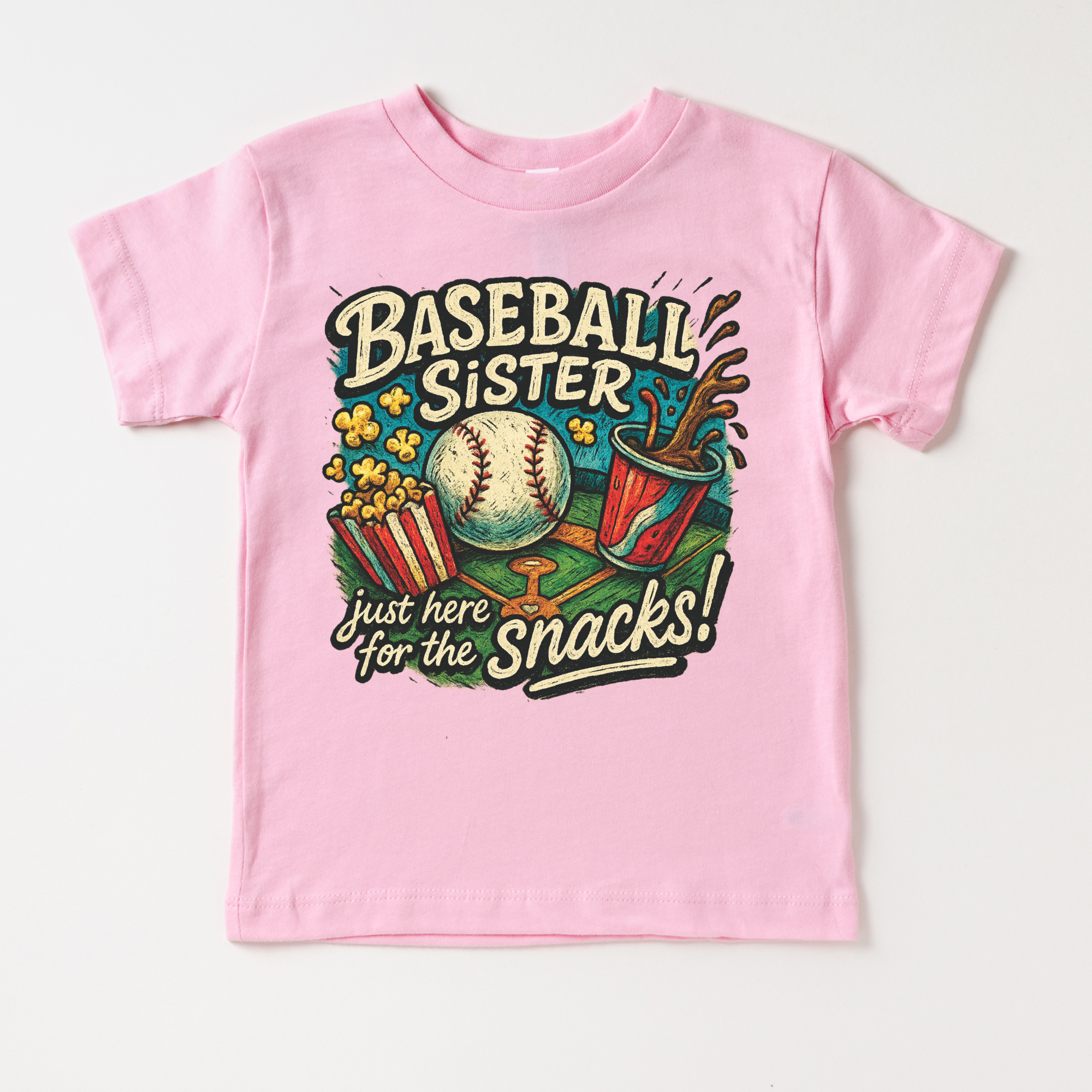 Pink t-shirt with 'Baseball Sister, just here for the snacks!' graphic on a white background