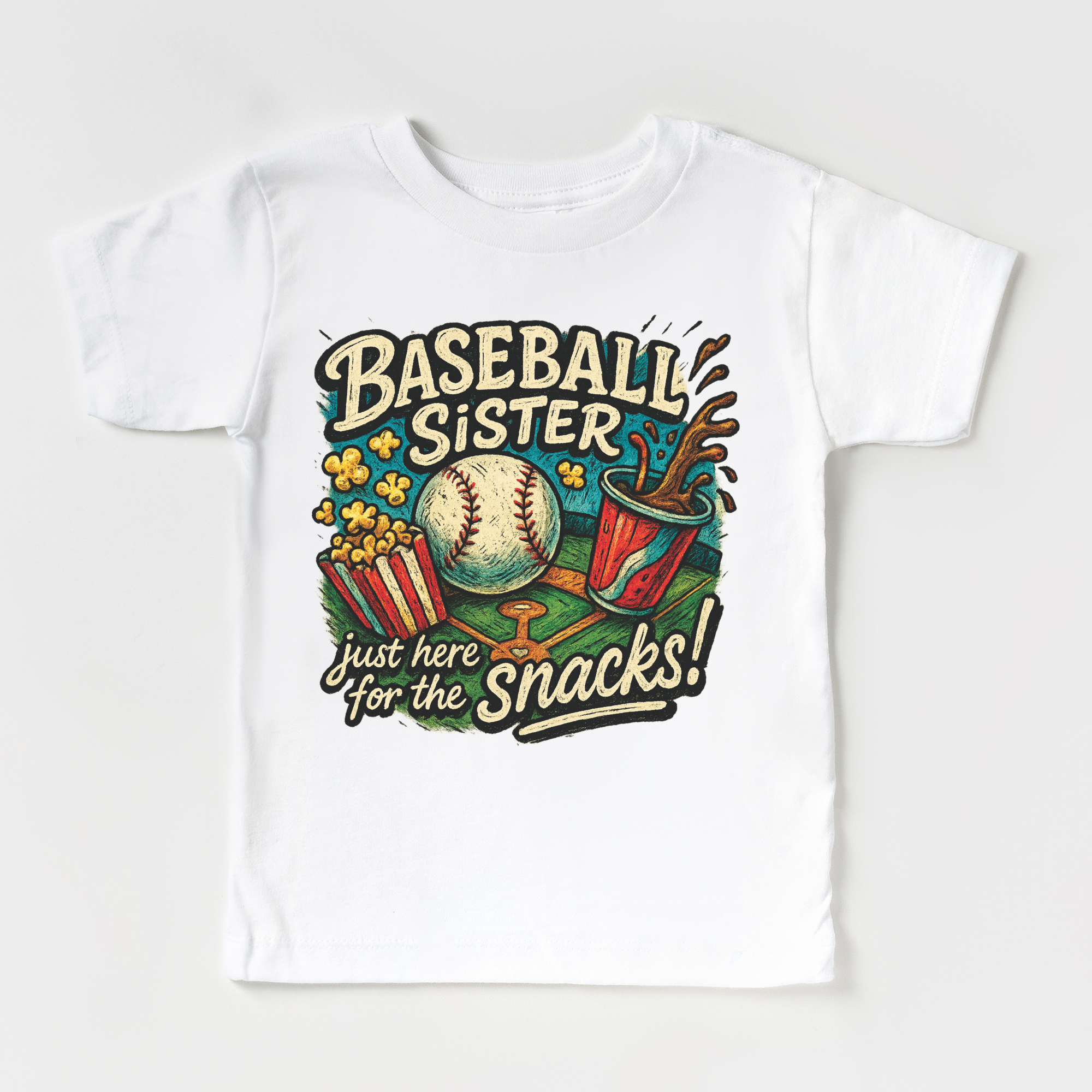 White t-shirt with 'Baseball Sister, just here for the snacks!' graphic design on a white background