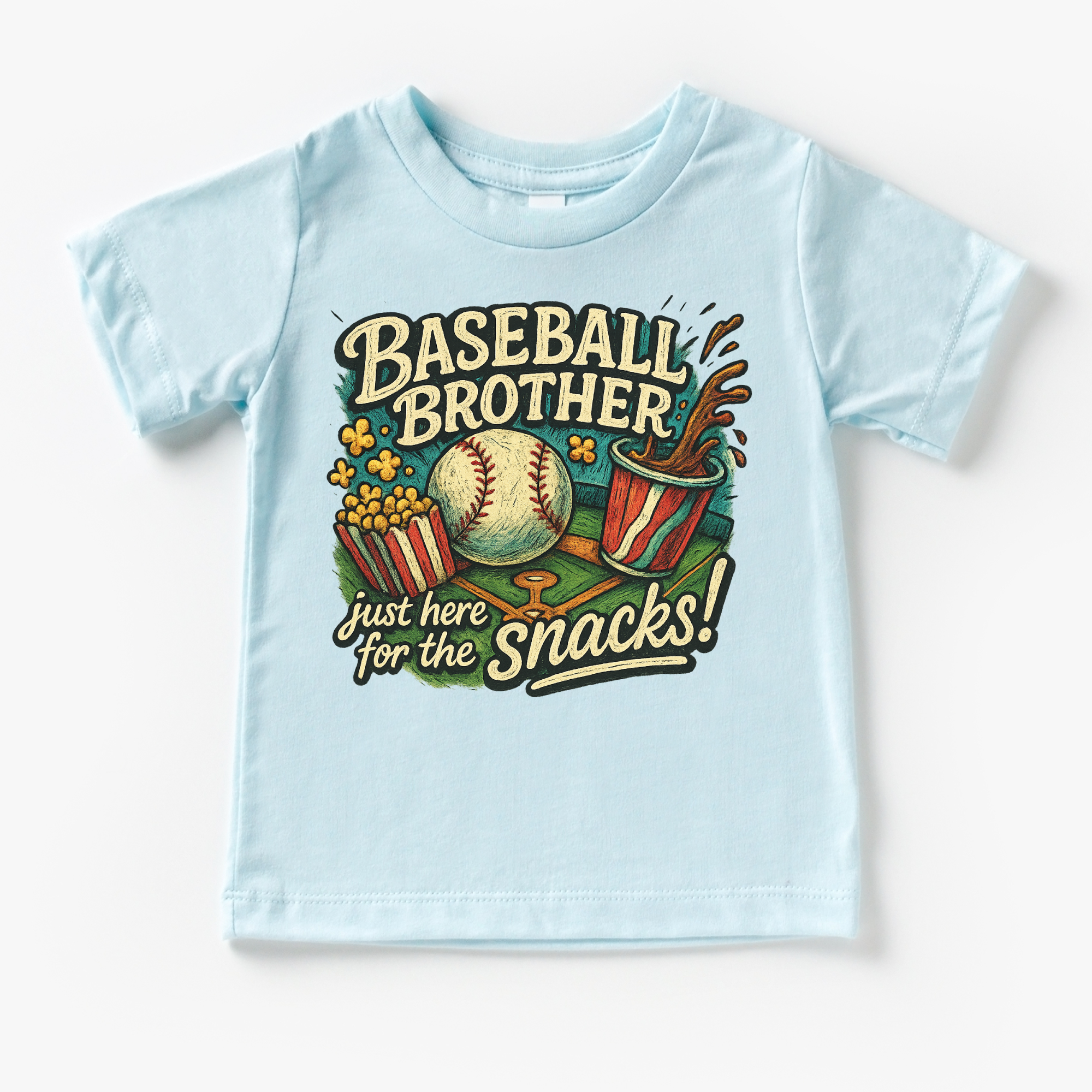 Light blue t-shirt with baseball-themed graphic and text on a white background