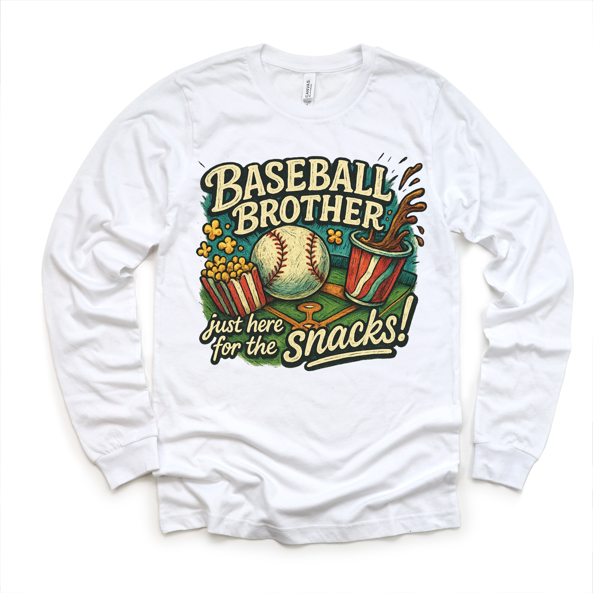 White long sleeve shirt with colorful 'Baseball Brother' graphic design on a white background