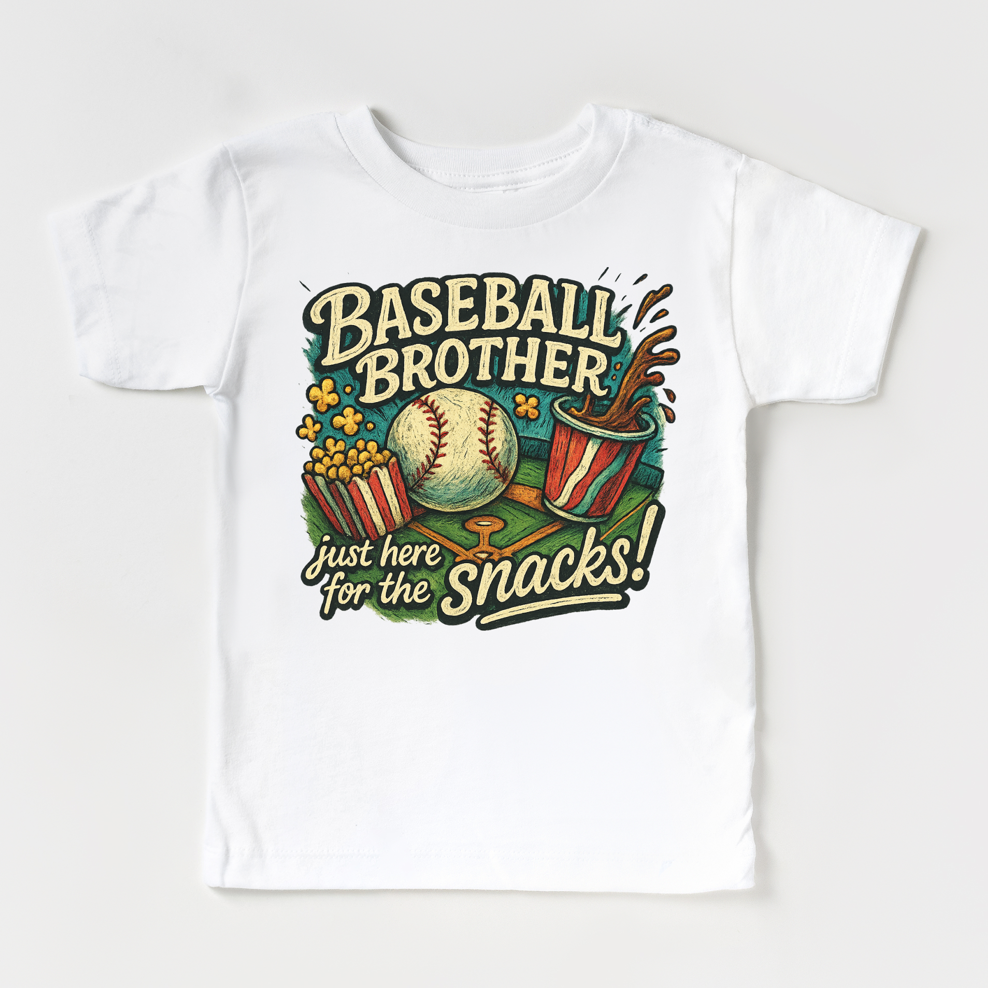 White t-shirt with a colorful graphic of a baseball and snacks on a white background