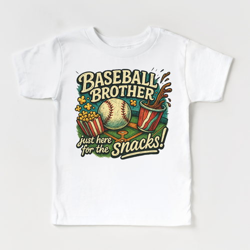 White t-shirt with a colorful graphic of a baseball and snacks on a white background