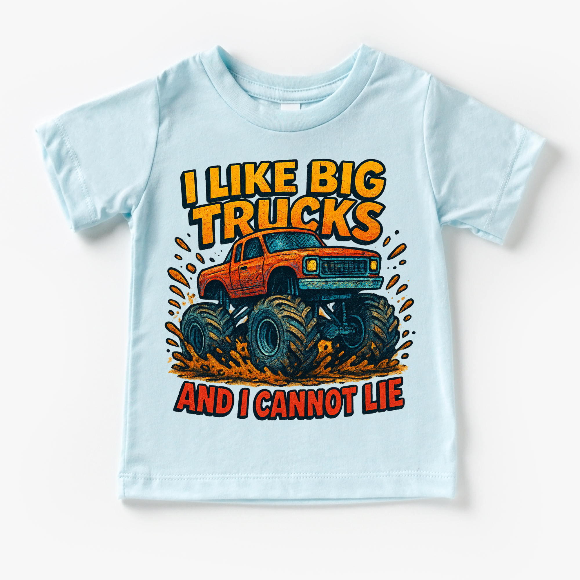 Light blue t-shirt with a graphic of a monster truck and text on a white background
