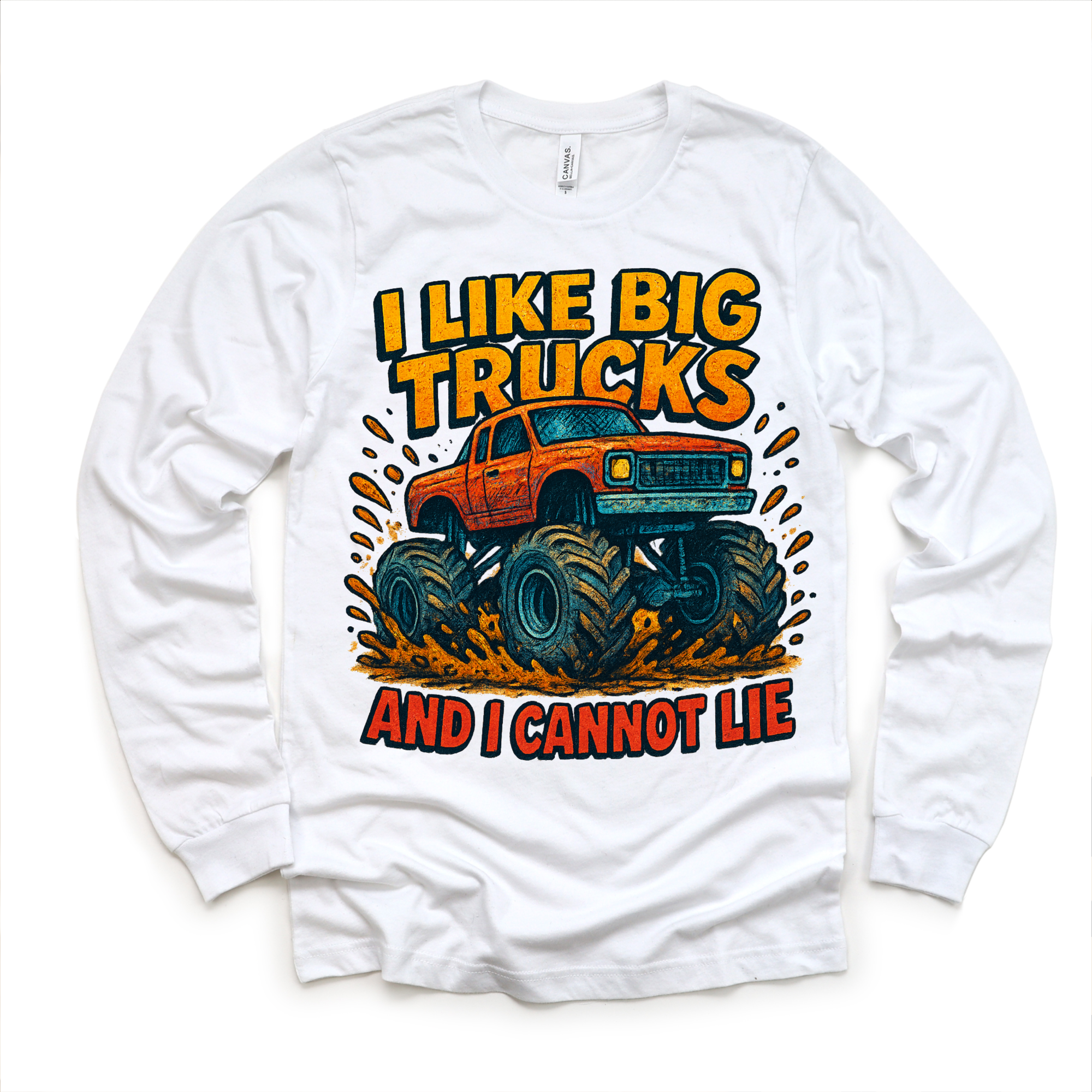 White long sleeve shirt with a graphic of a monster truck and text on a white background
