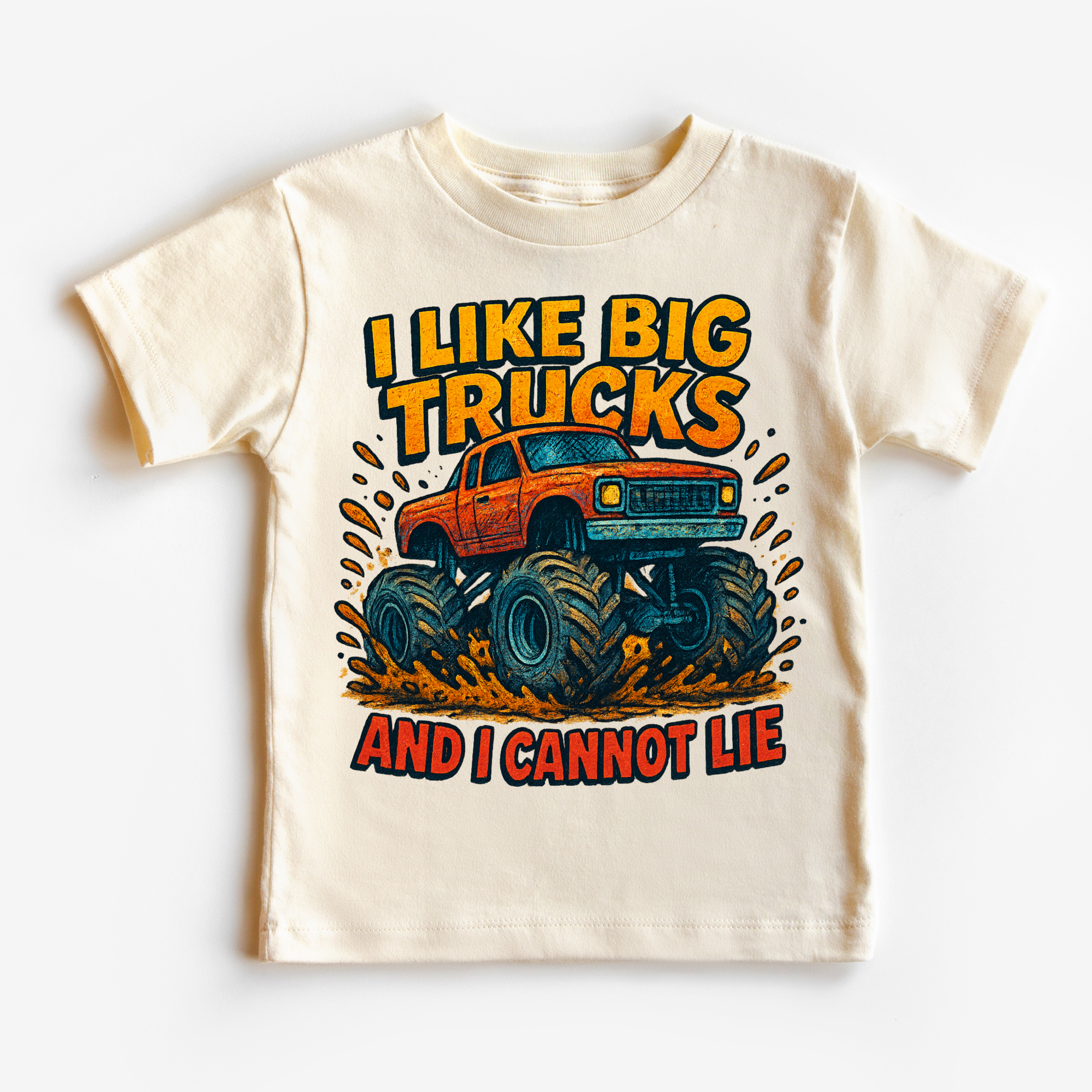 Children's t-shirt with a monster truck graphic and text on a white background
