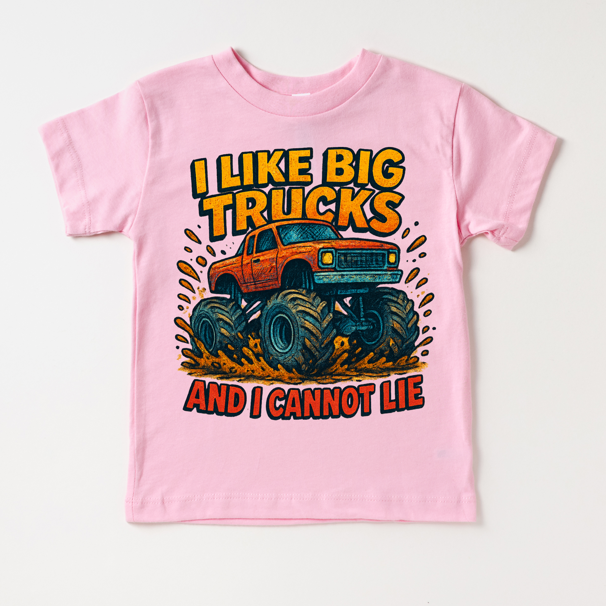 Pink children's t-shirt with a graphic of a monster truck and text on a white background