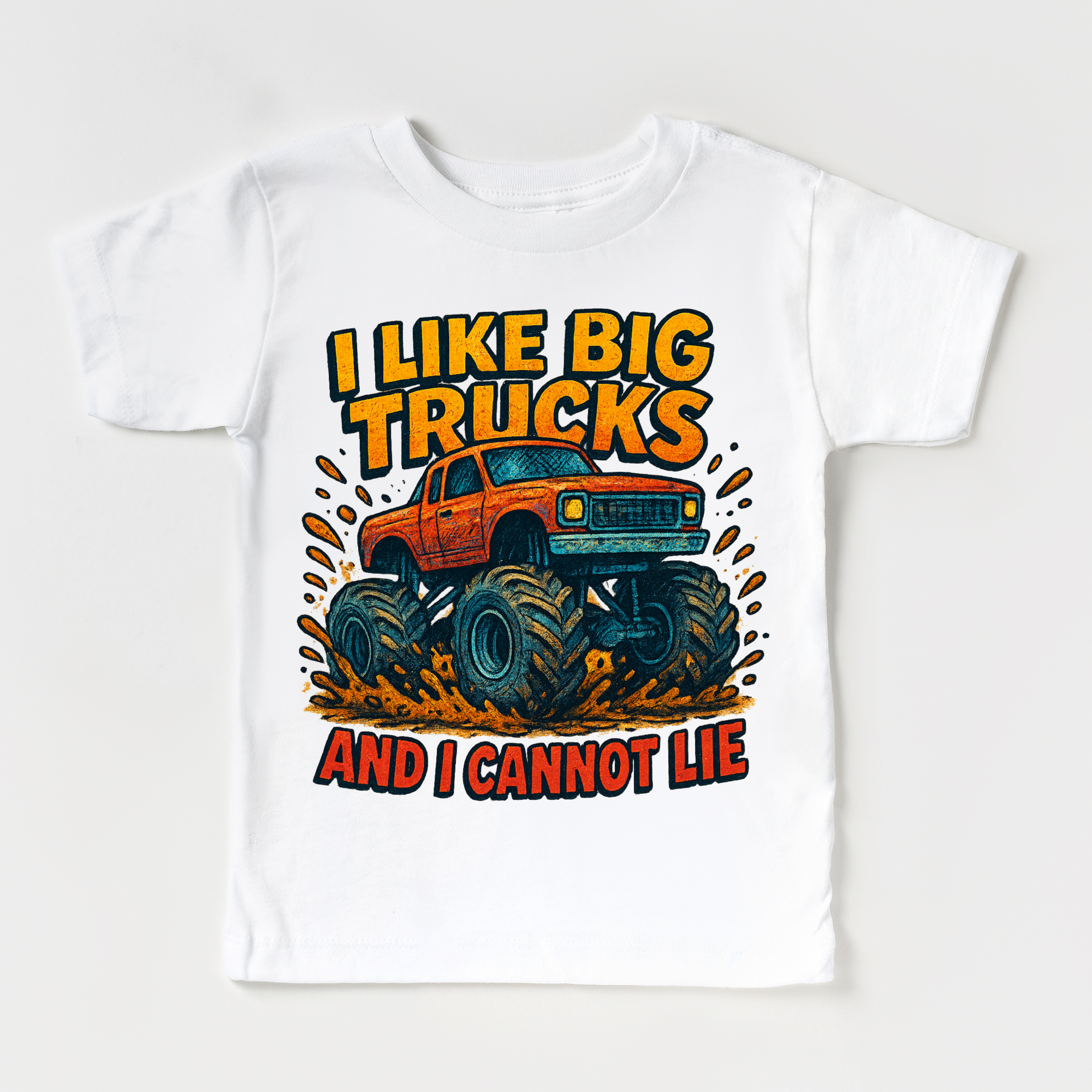 White t-shirt with a graphic of a monster truck and text on a white background