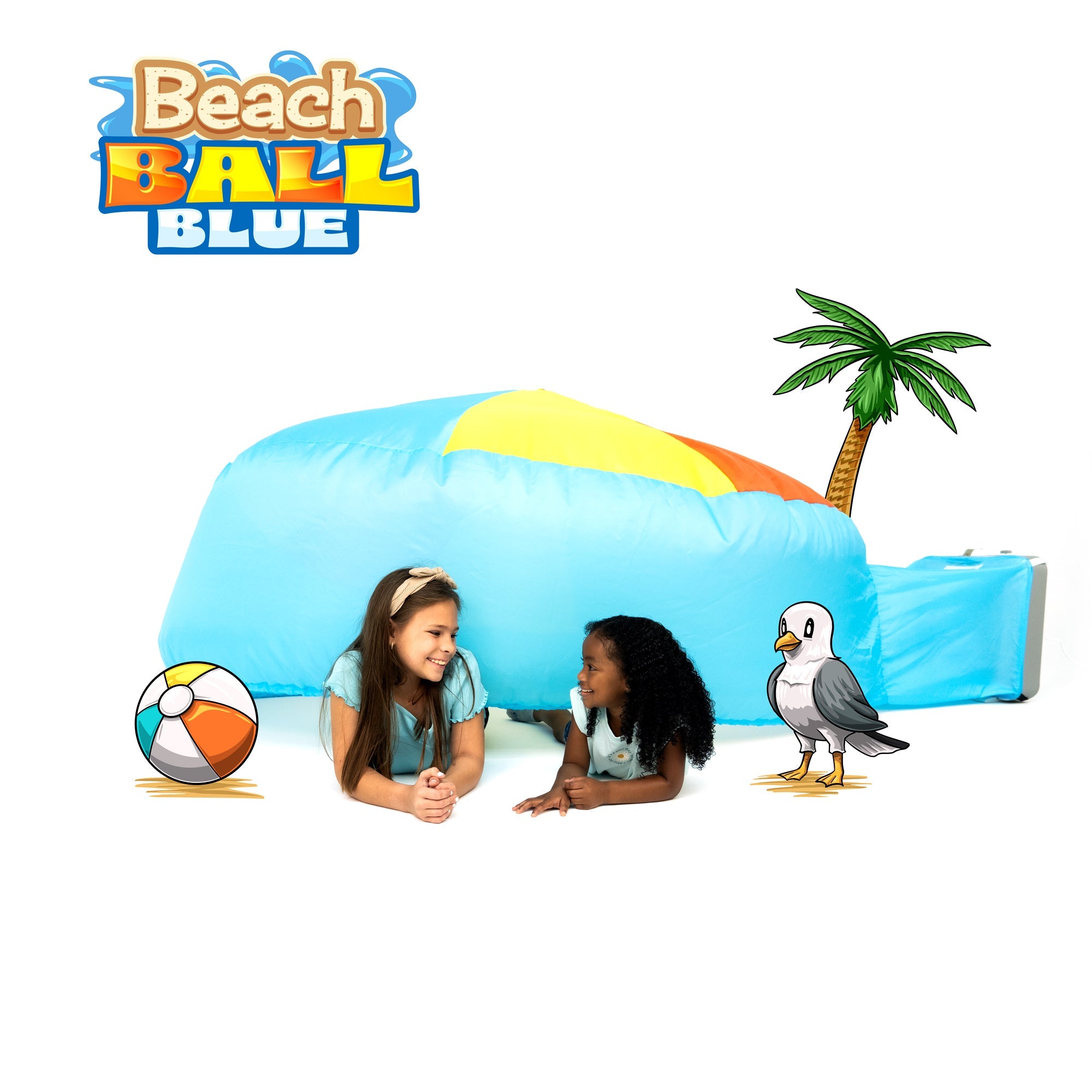 Two children playing with a colorful inflatable slide, palm tree, and beach ball on a white background.
