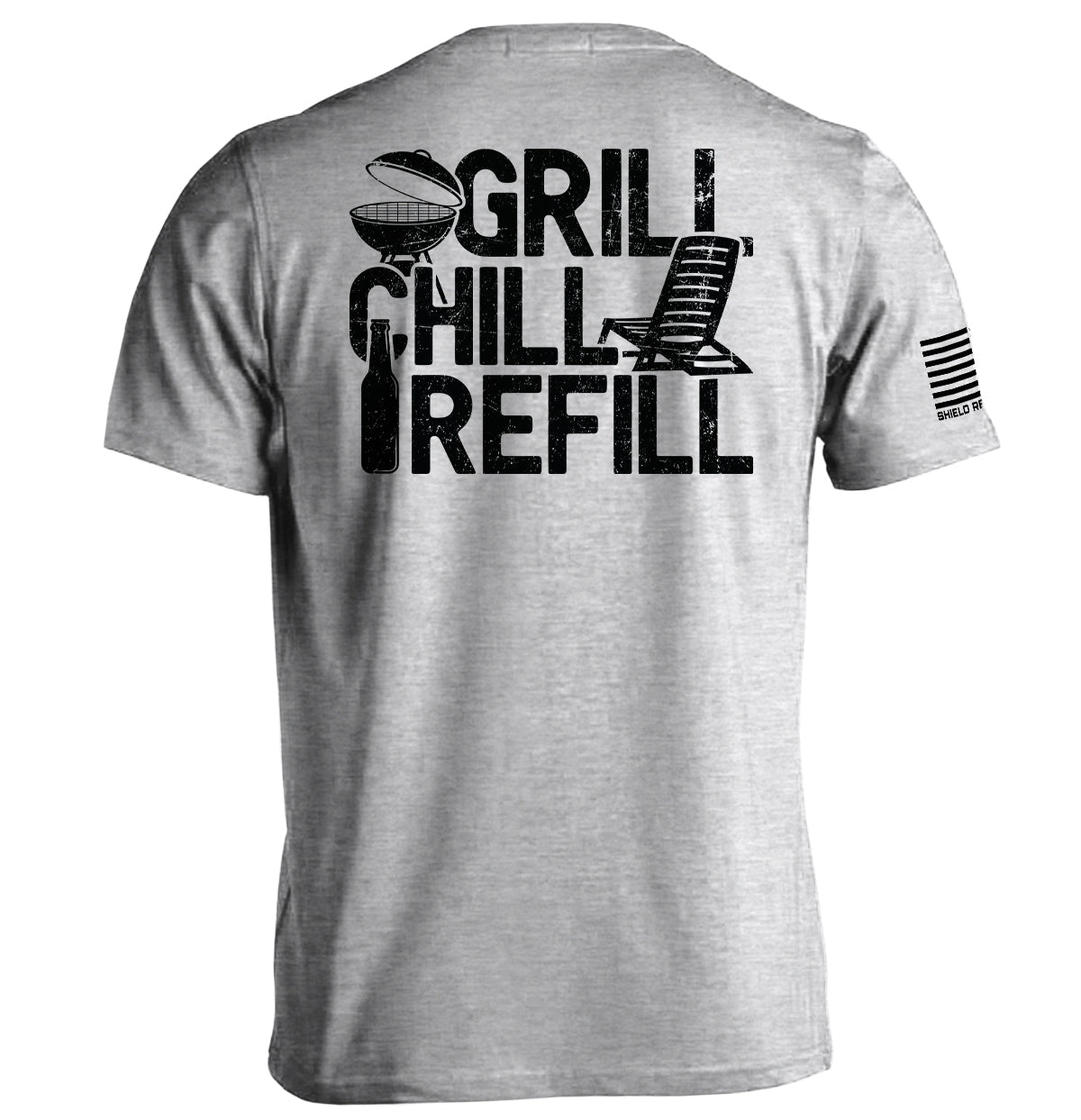 Gray t-shirt with 'Grill Chill Refill' text and graphics on the back, on a white background.