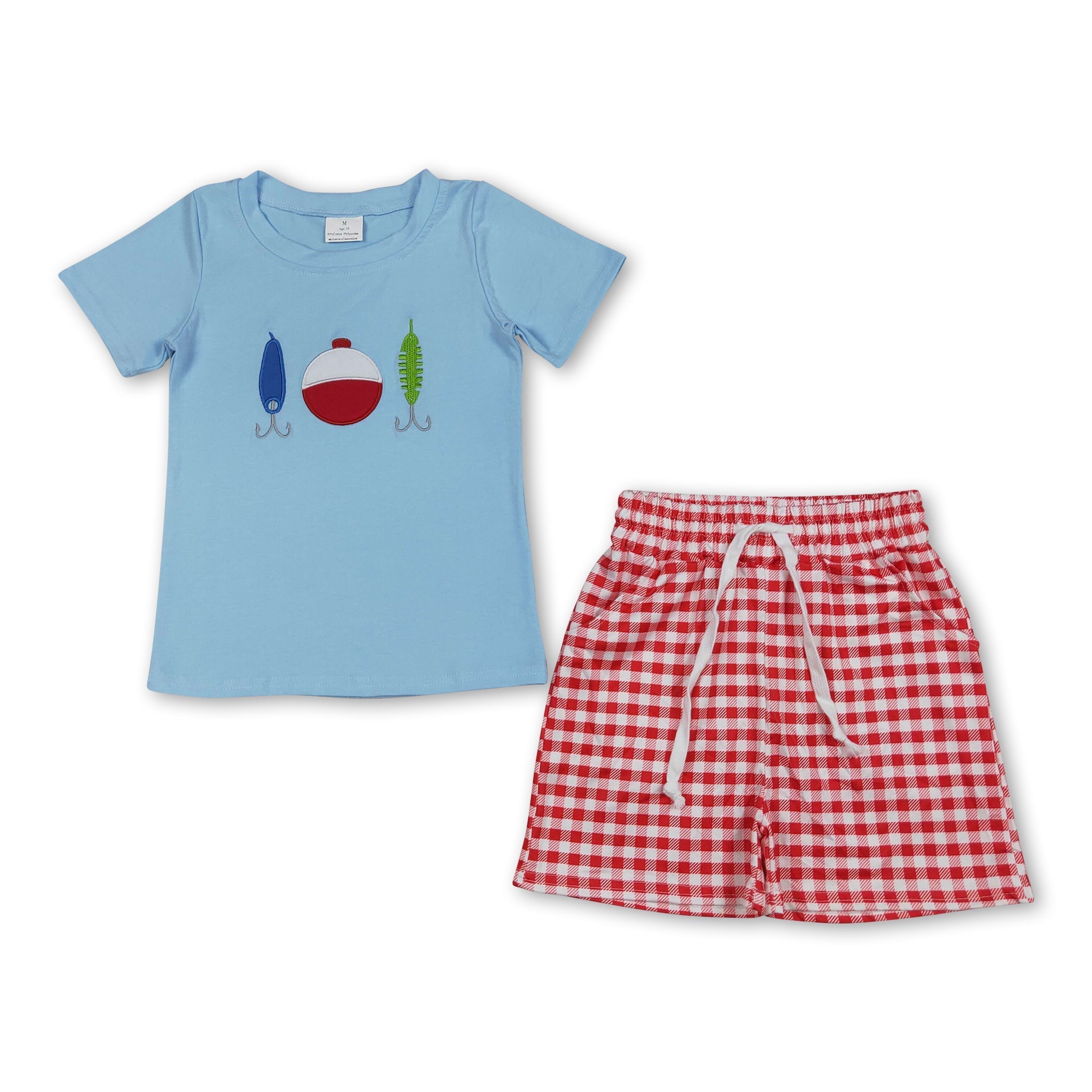 Jungen Angeln Köder Stickerei Kurzarm-Top & Shorts Set – Milchseide