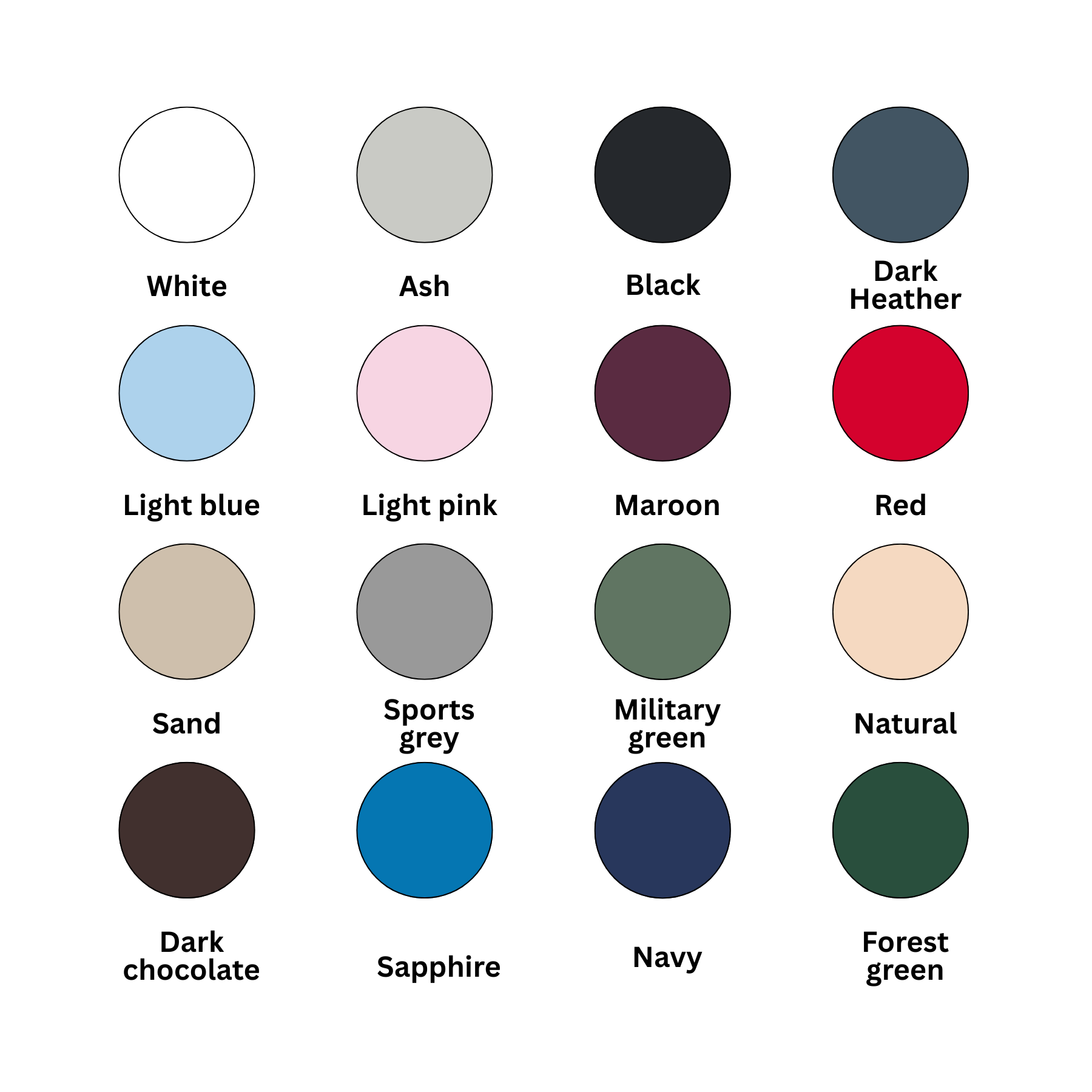 Color swatches labeled with names on a white background