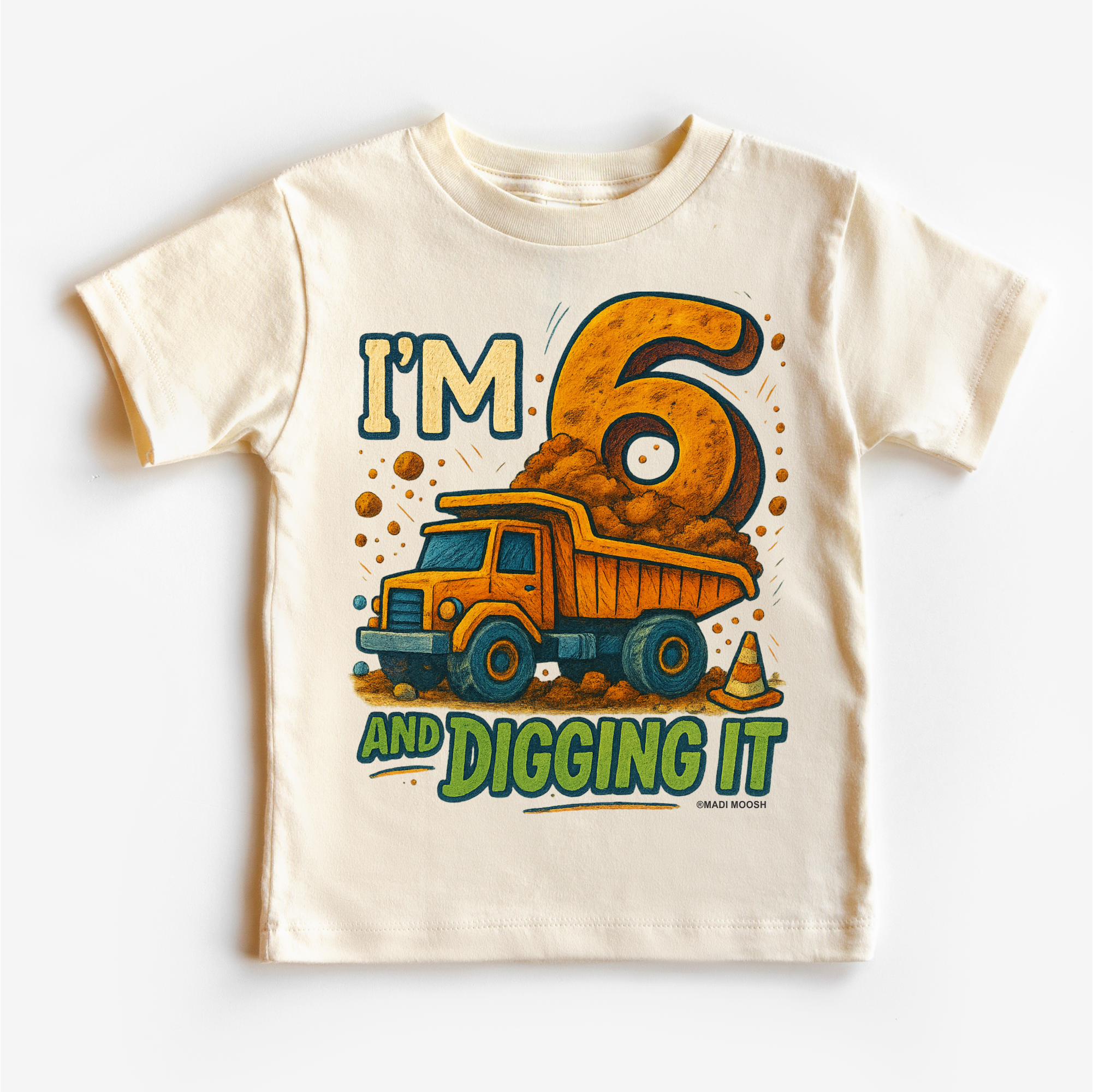 Children's t-shirt with a dump truck graphic and text on a white background