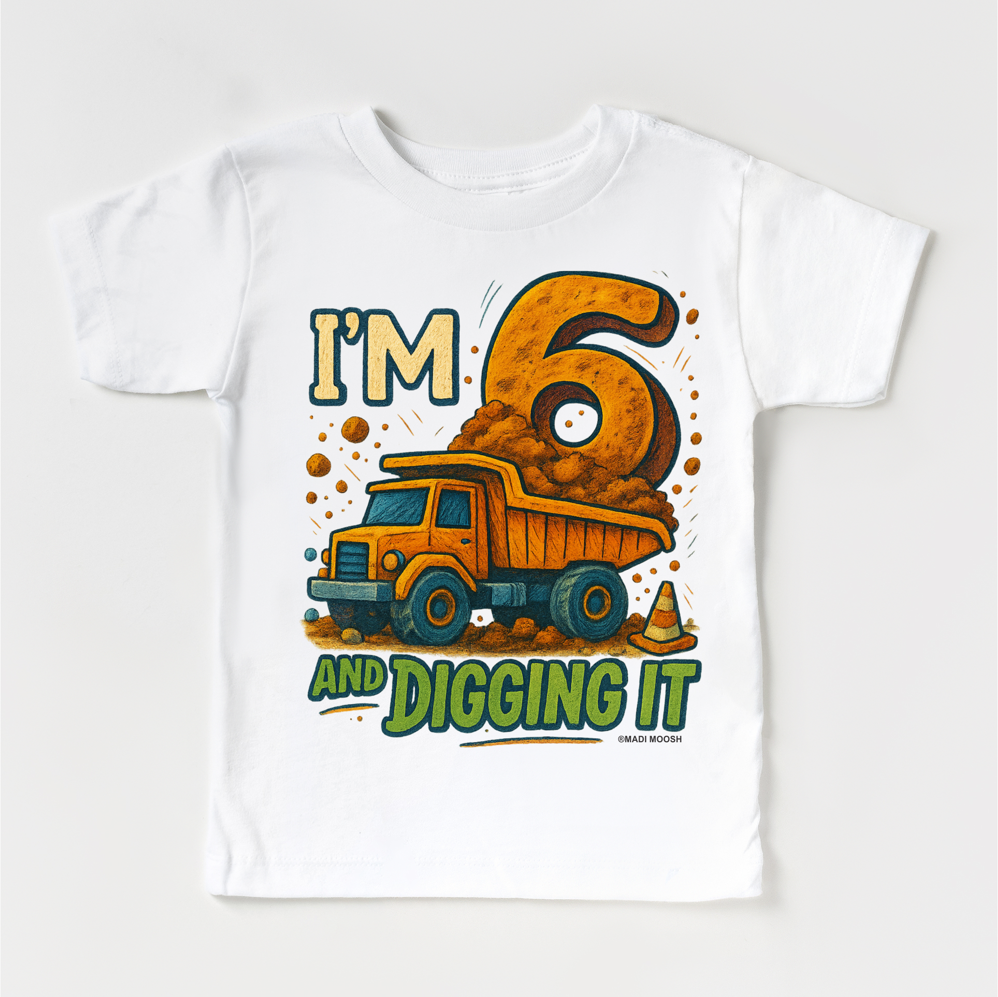 Children's t-shirt with a dump truck graphic and text on a white background