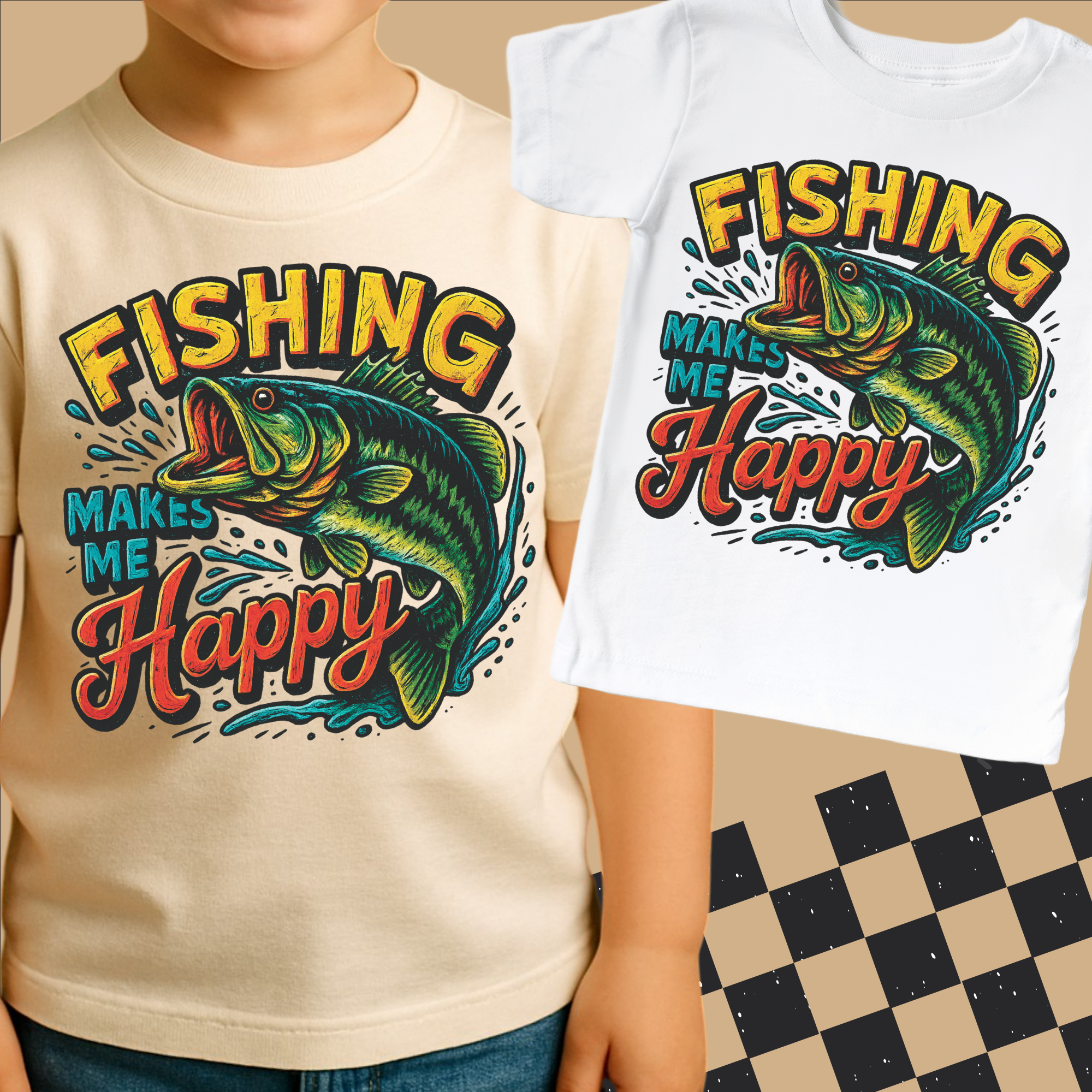 Two t-shirts with fishing-themed designs on a checkered floor.