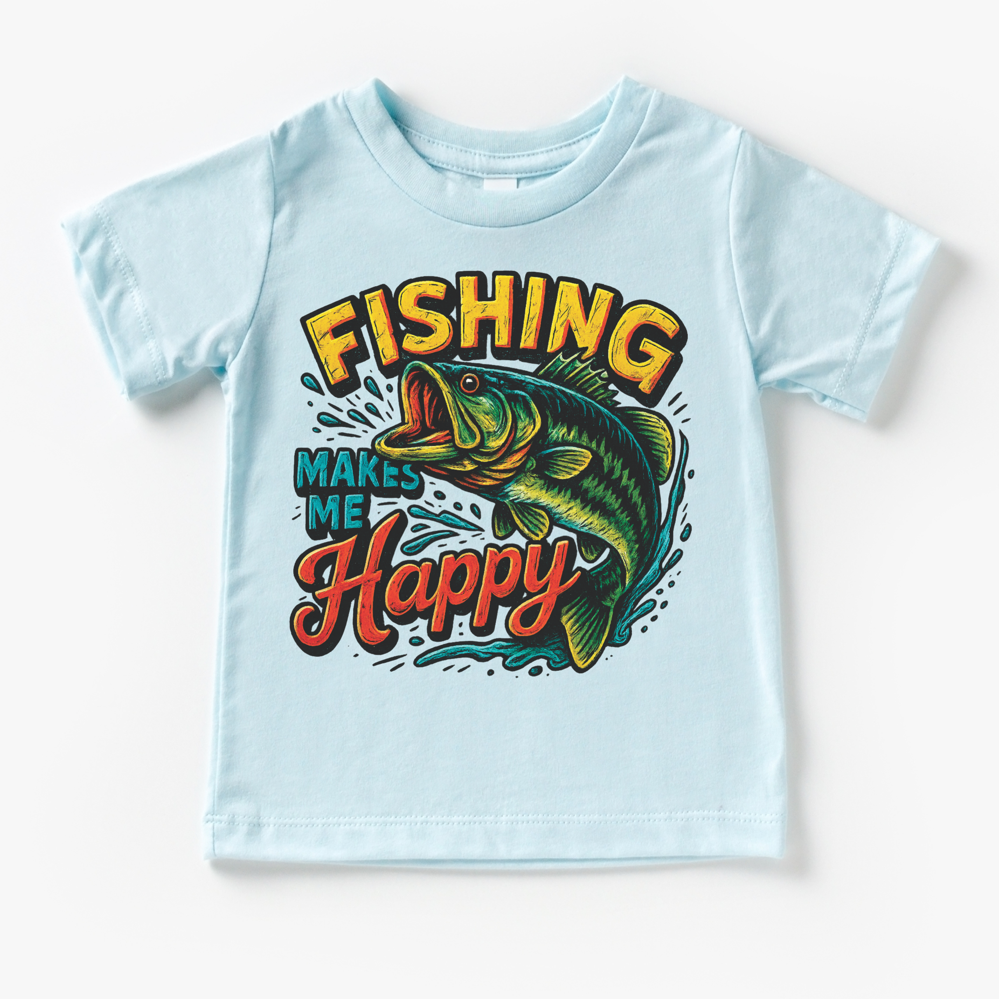 Light blue t-shirt with fishing graphic and text on a white background