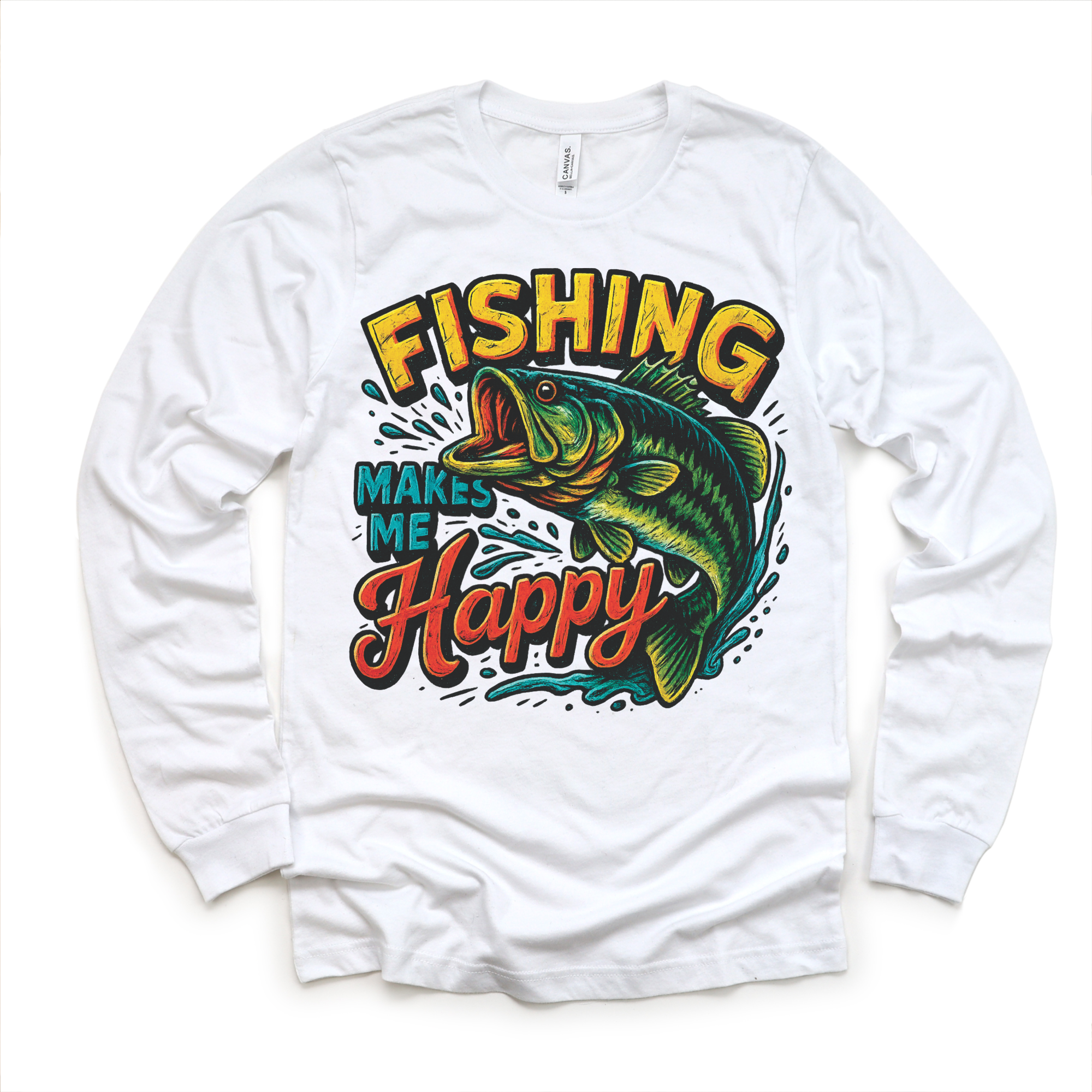 White long sleeve shirt with colorful fishing graphic and text on a white background