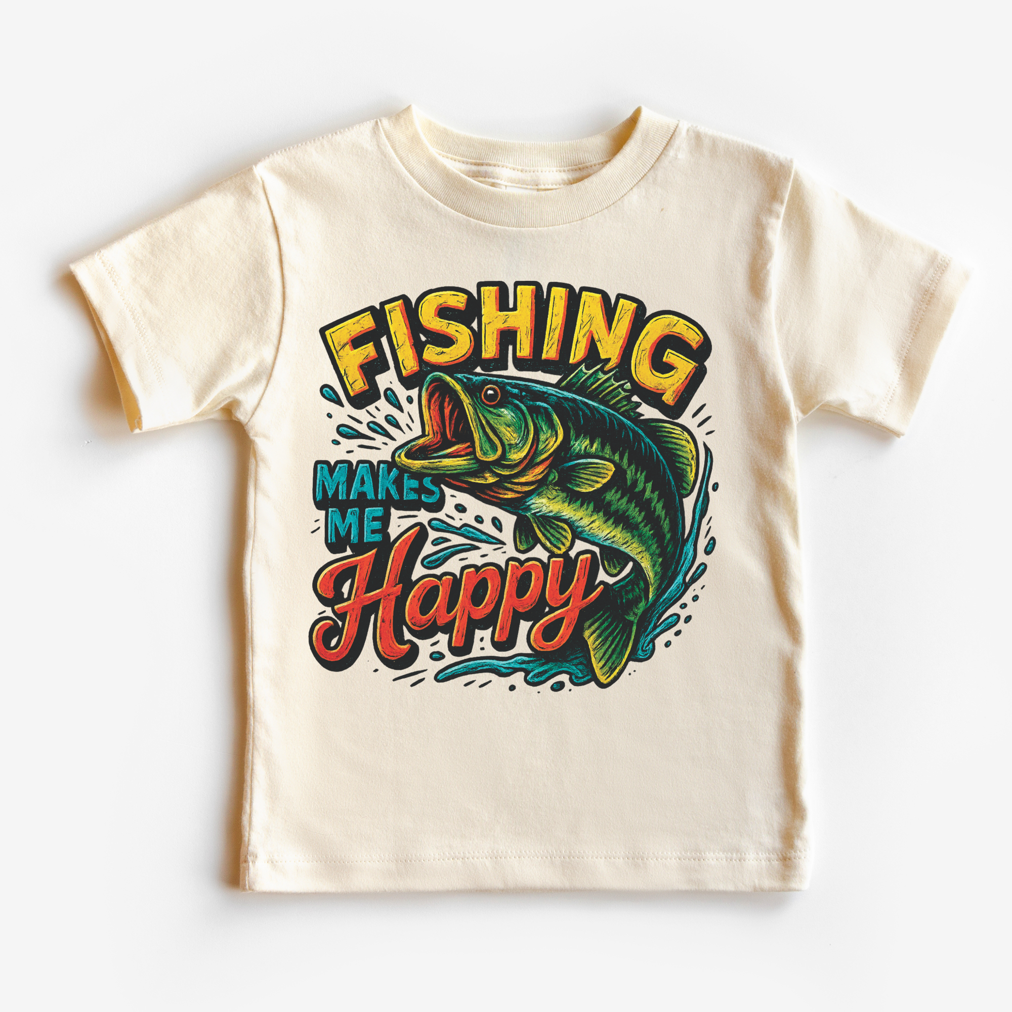 Beige t-shirt with colorful fishing graphic and text on a white background