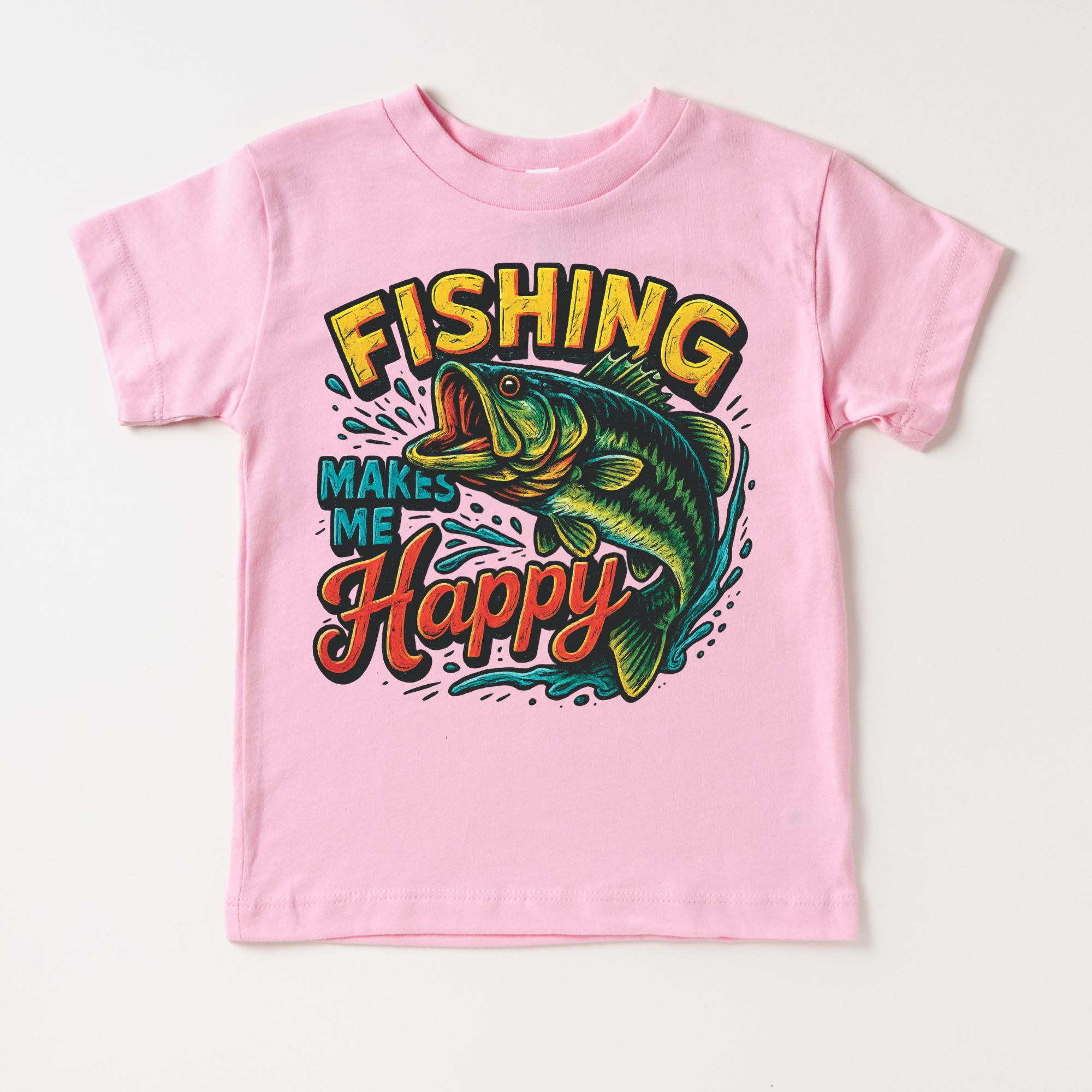 Pink t-shirt with fishing graphic and text on a white background