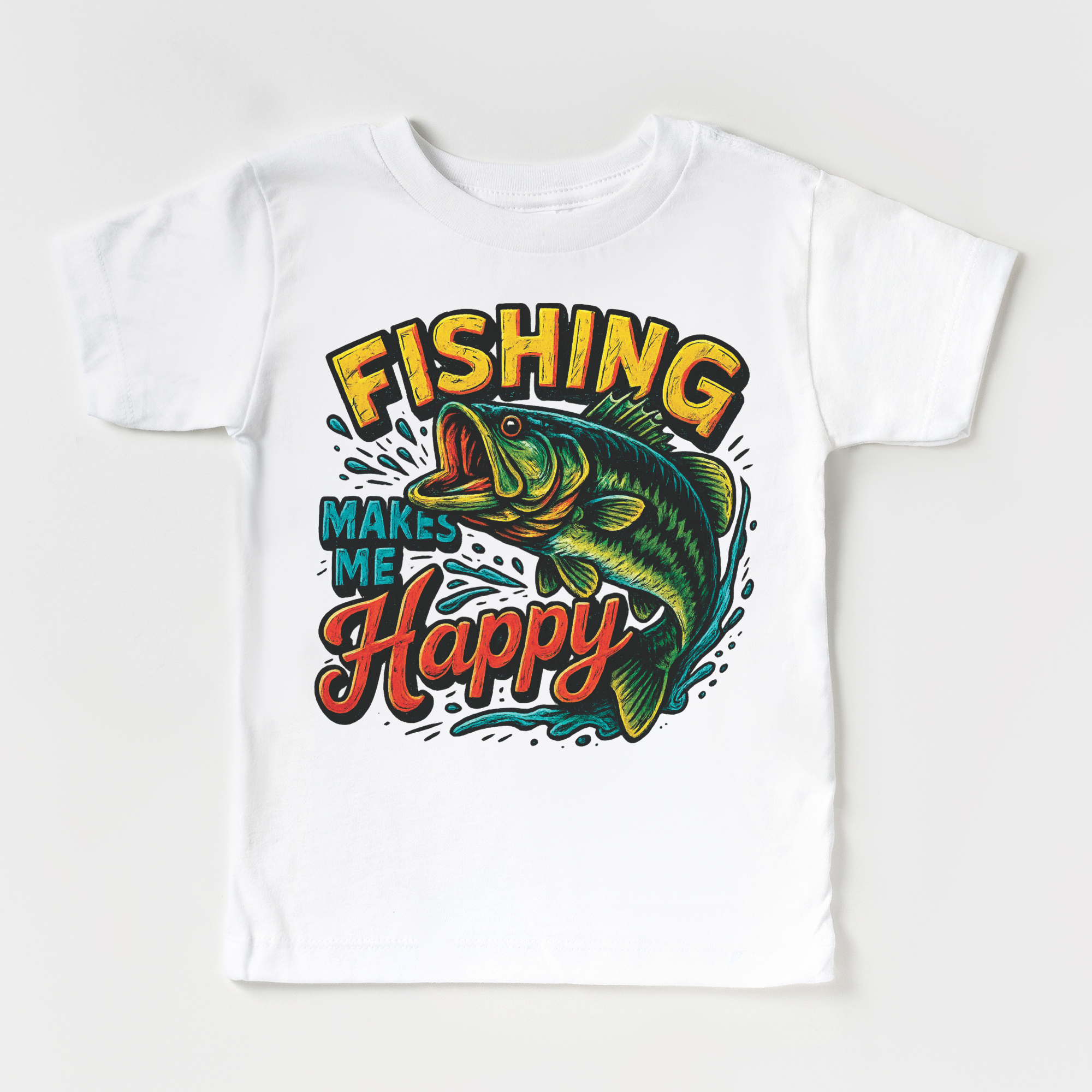 White t-shirt with a colorful graphic of a fish and text 'Fishing Makes Me Happy' on a white background