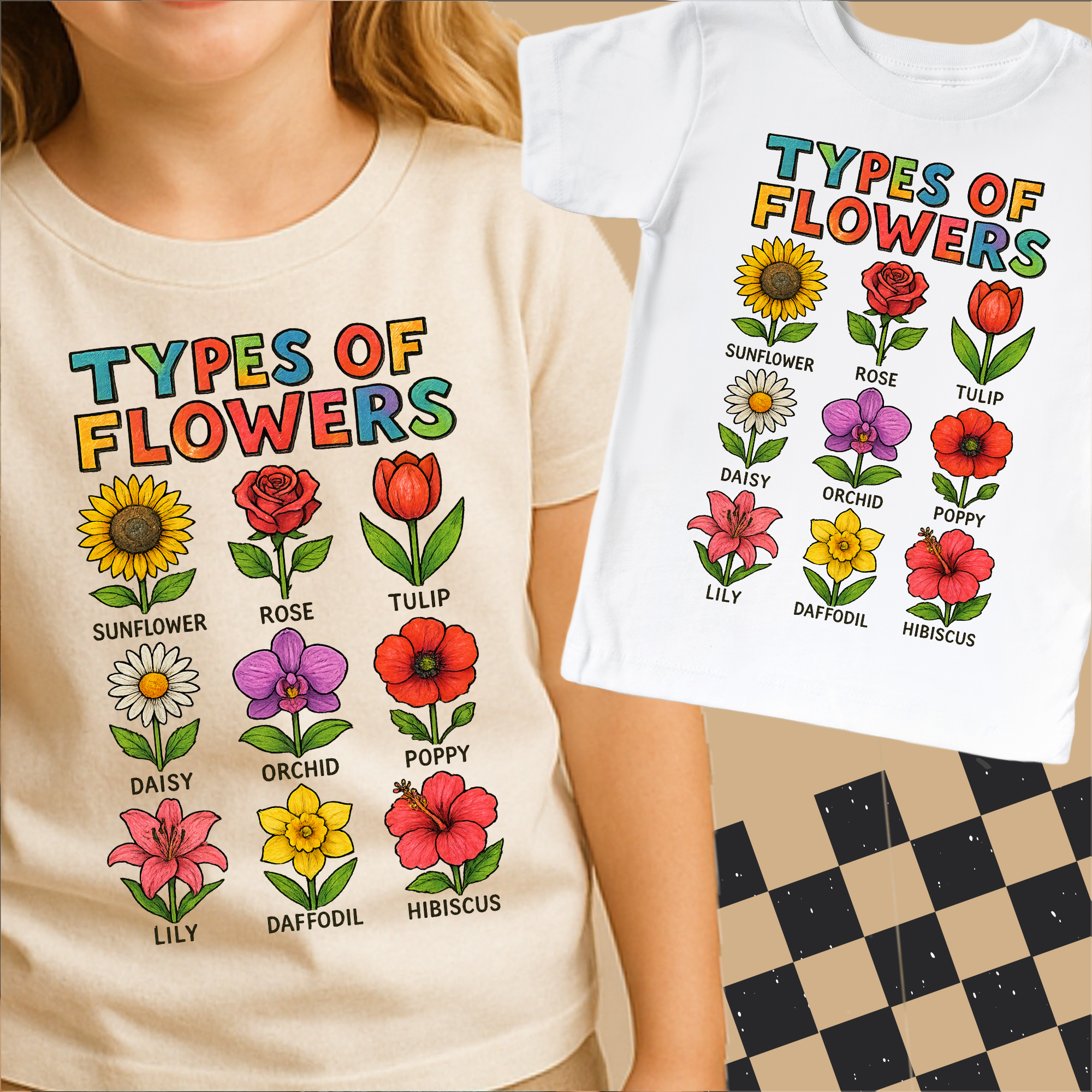 Two t-shirts with colorful illustrations of flowers and their names on a checkered floor.