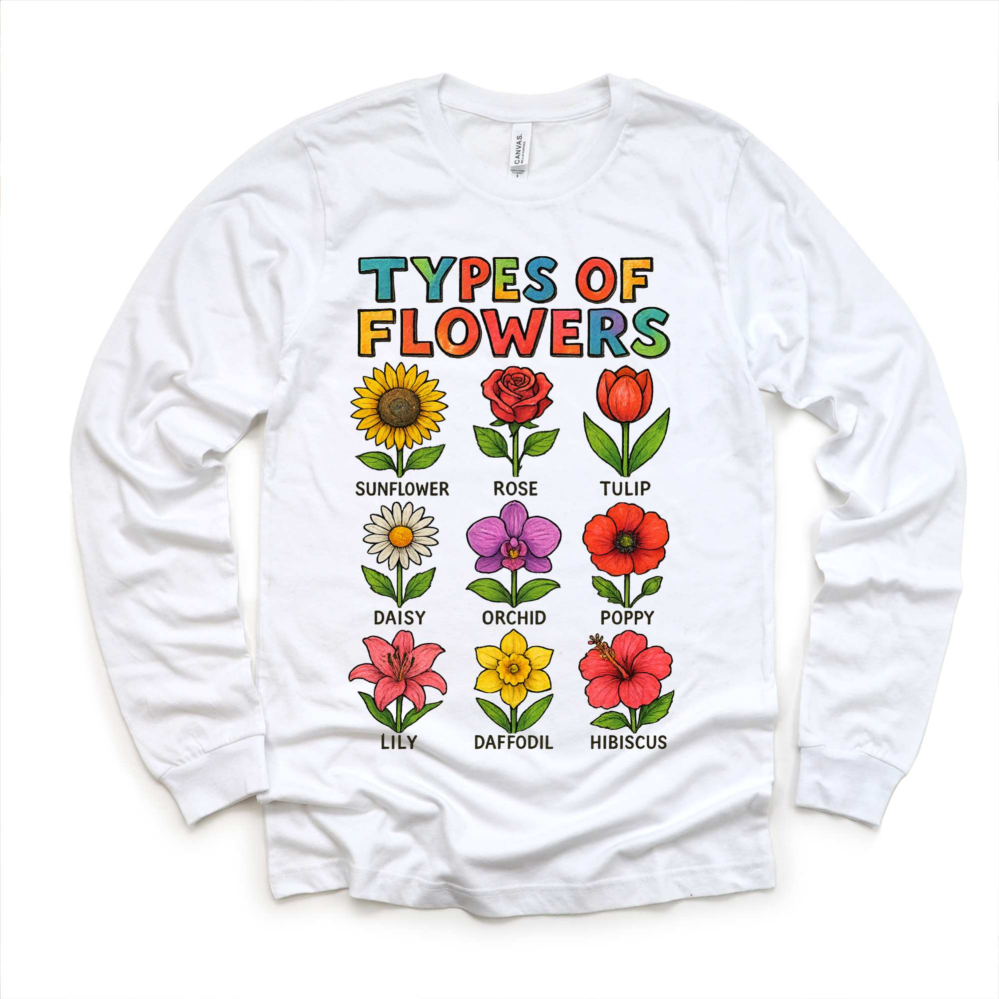 White long sleeve shirt with colorful flower illustrations and text on a white background