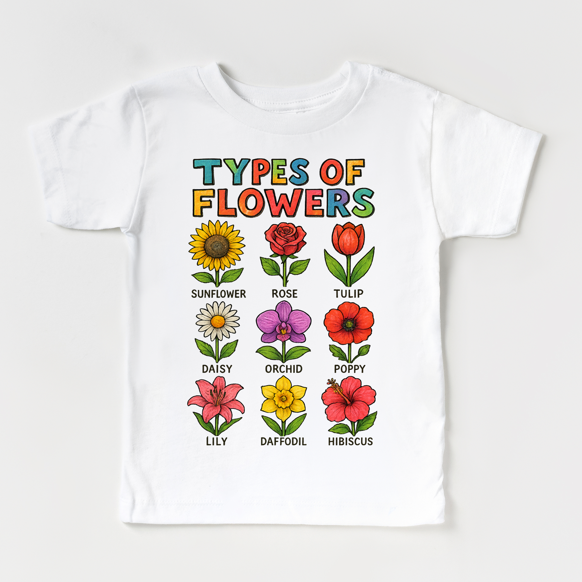 White t-shirt with colorful illustrations of flowers and their names on a white background