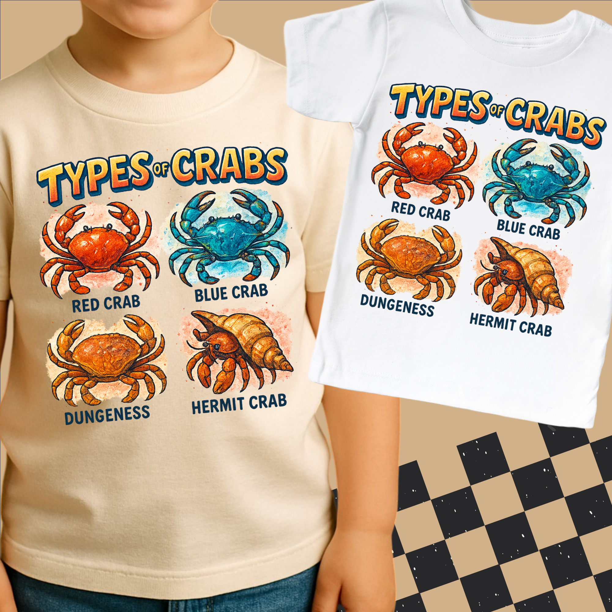 Two t-shirts with crab illustrations and text on a checkered floor.